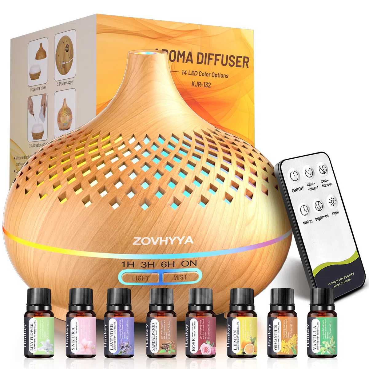 Diffusore di Oli Essenziali 500ml Umidificatore Ambiente Aromi con Telecomando Rofumatore per Ambienti 4 Timer e 14 Colori LED Rofumatore per Ambienti per Casa