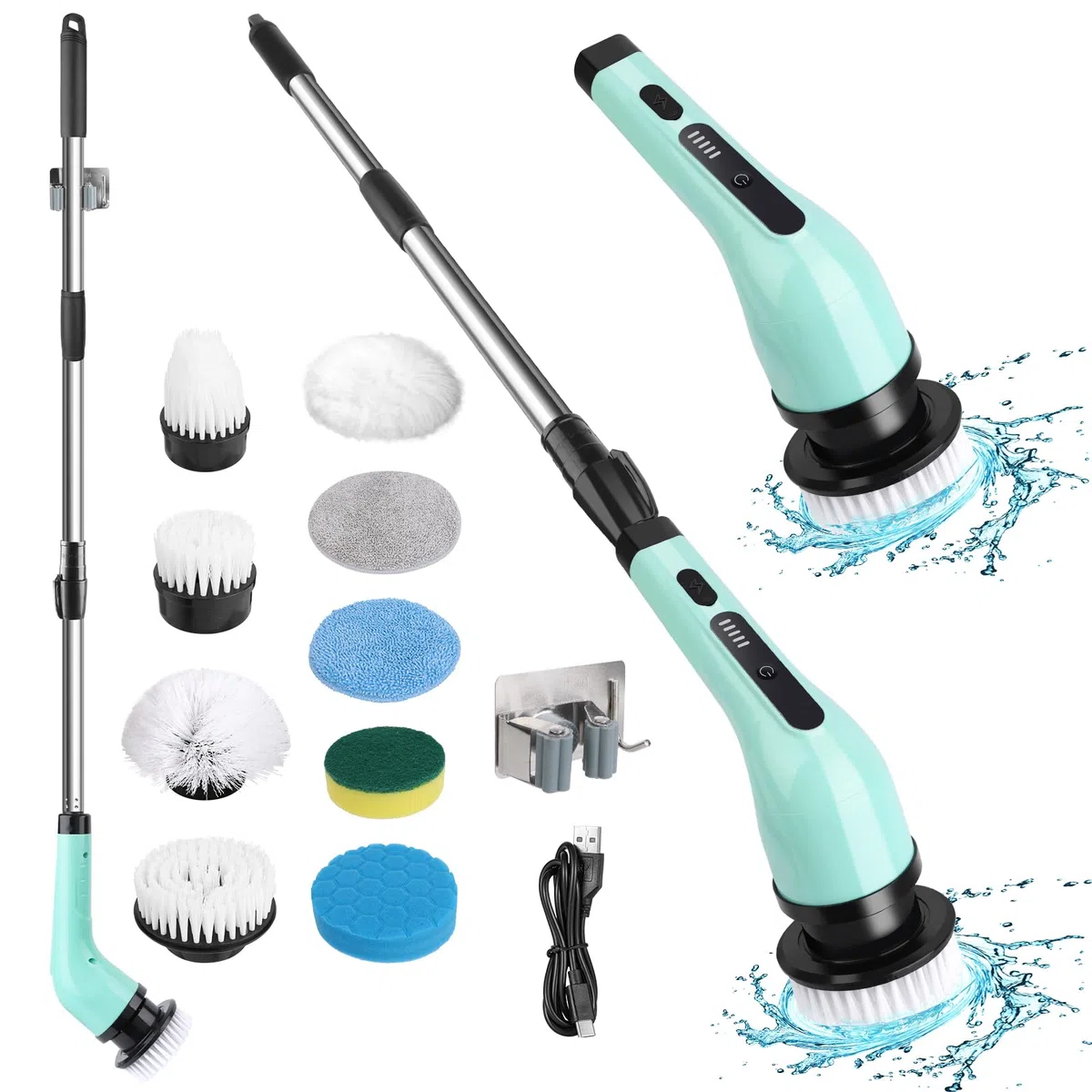 LWMTT Spazzola Elettrica Rotante con 9 Testine di Pulizia Versatili, Spin Scrubber Senza Fili con 2 Velocità Regolabili per Bagno Cucina Pavimento - Verde