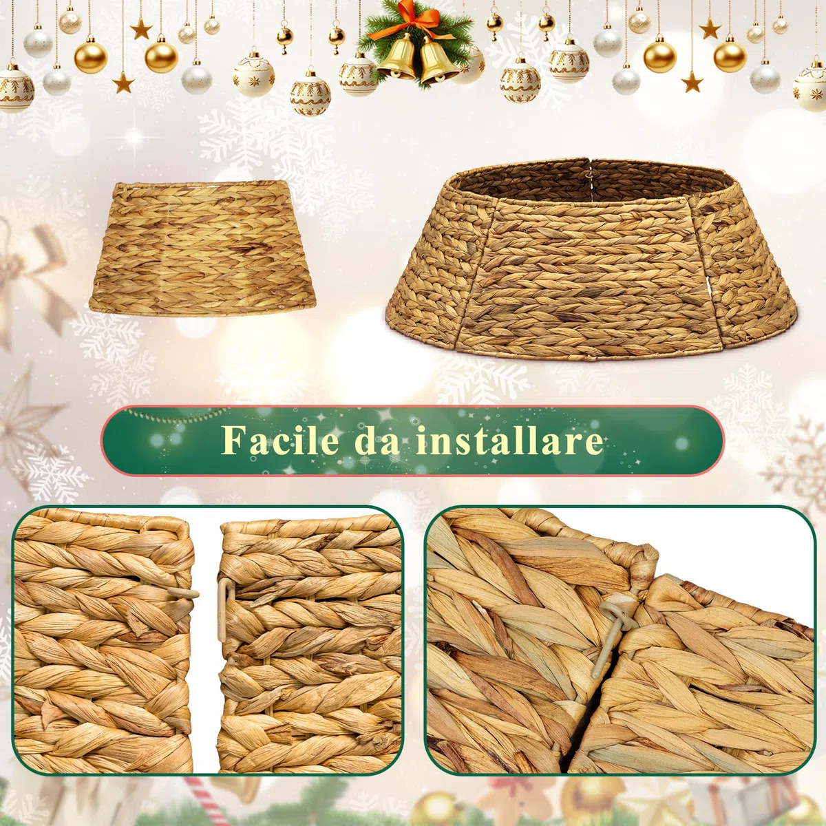 Lanpn Rattan Collana Albero di Natale 106 cm, Cerchio Gonne Albero di Natale Christmas Tree Collar Per Grande Alberi Artificiali Interno - Decorazioni Natalizie (Marrone)