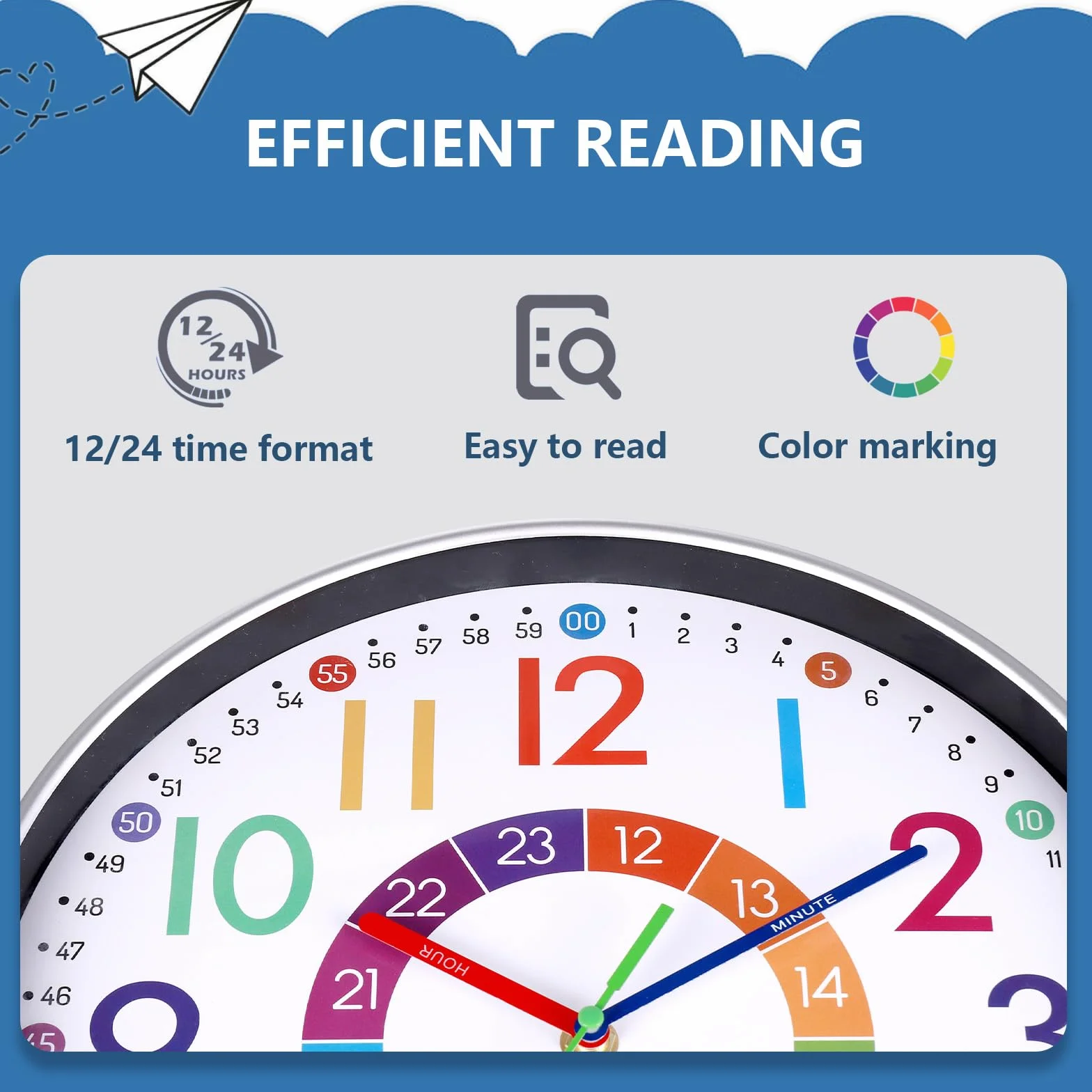 JIZZU Orologio da Parete Bambini Educativo Silenzioso, Orologio da Parete Colorato 30cm, Facile da Leggere, Creativo Moderno Design Senza Ticchettio per Cameretta Bambini Soggiorno Scuola
