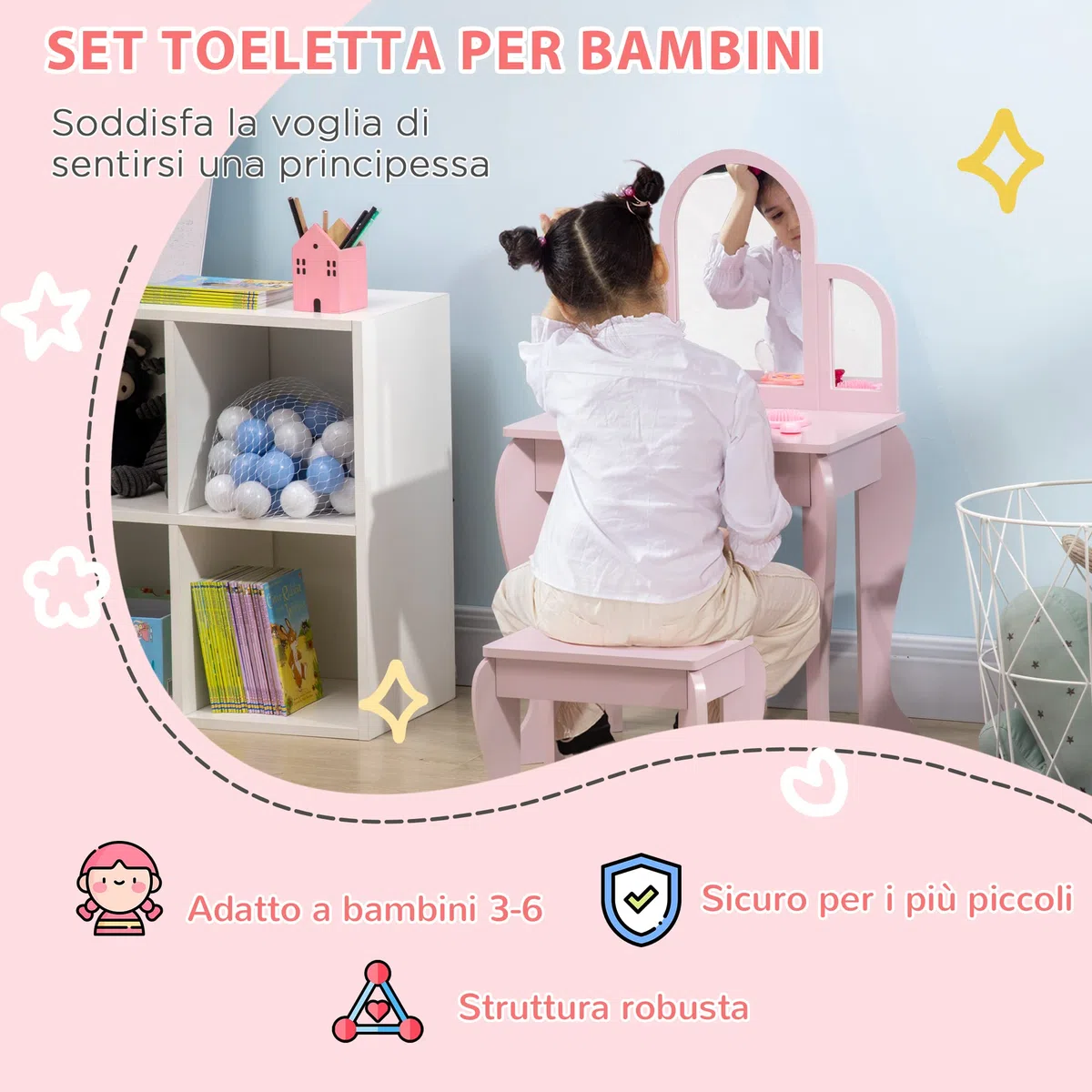 HOMCOM Tavolo per Trucco per Bambine 3-6 Anni con Sgabello, Cassetti e Specchio Coordinato in Acrilico, in MDF e Legno di Pino, Rosa