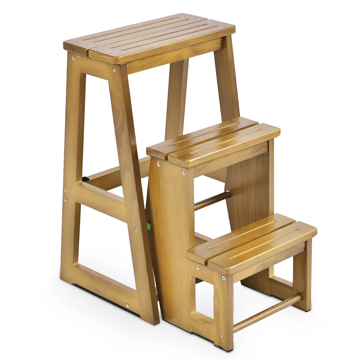 GOPLUS Sgabello Scala Pieghevole, Scaletta a 3 Gradini, in Legno, Multiuso e Pratico, Portata di 150 kg, 57x38,5x66 cm, Marrone/Naturale