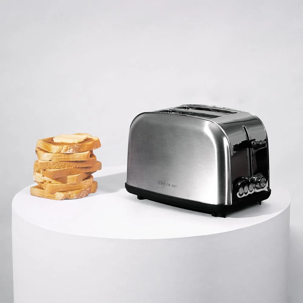 Cecotec Tostapane Verticale 2 Slot Brevi Toastin' time 850 Inox Lite. 850 W, 2 fette di pane, fessura larga 3,8 cm, supporto per panini e vassoio raccogli briciole, acciaio inossidabile