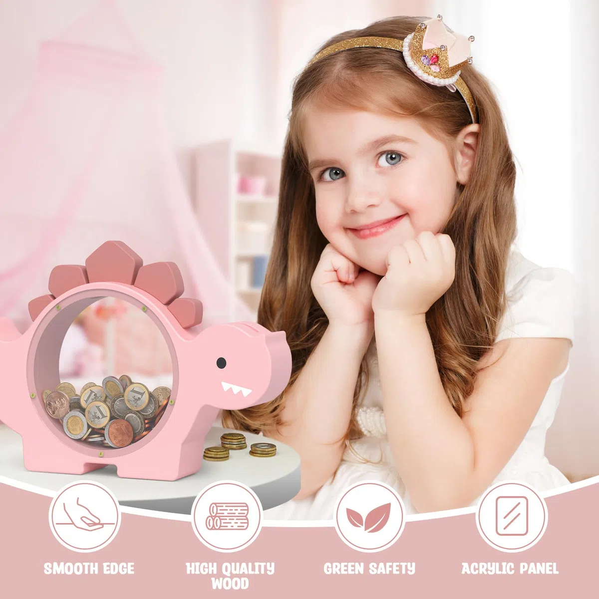 Summidate Salvadanaio in Legno a Forma di Dinosauro per Bambini Maschi, Grazioso Salvadanaio in Legno Dino per Bambini Piccoli, Barattolo Creativo per Risparmiare Monete, Regalo Personalizzato per