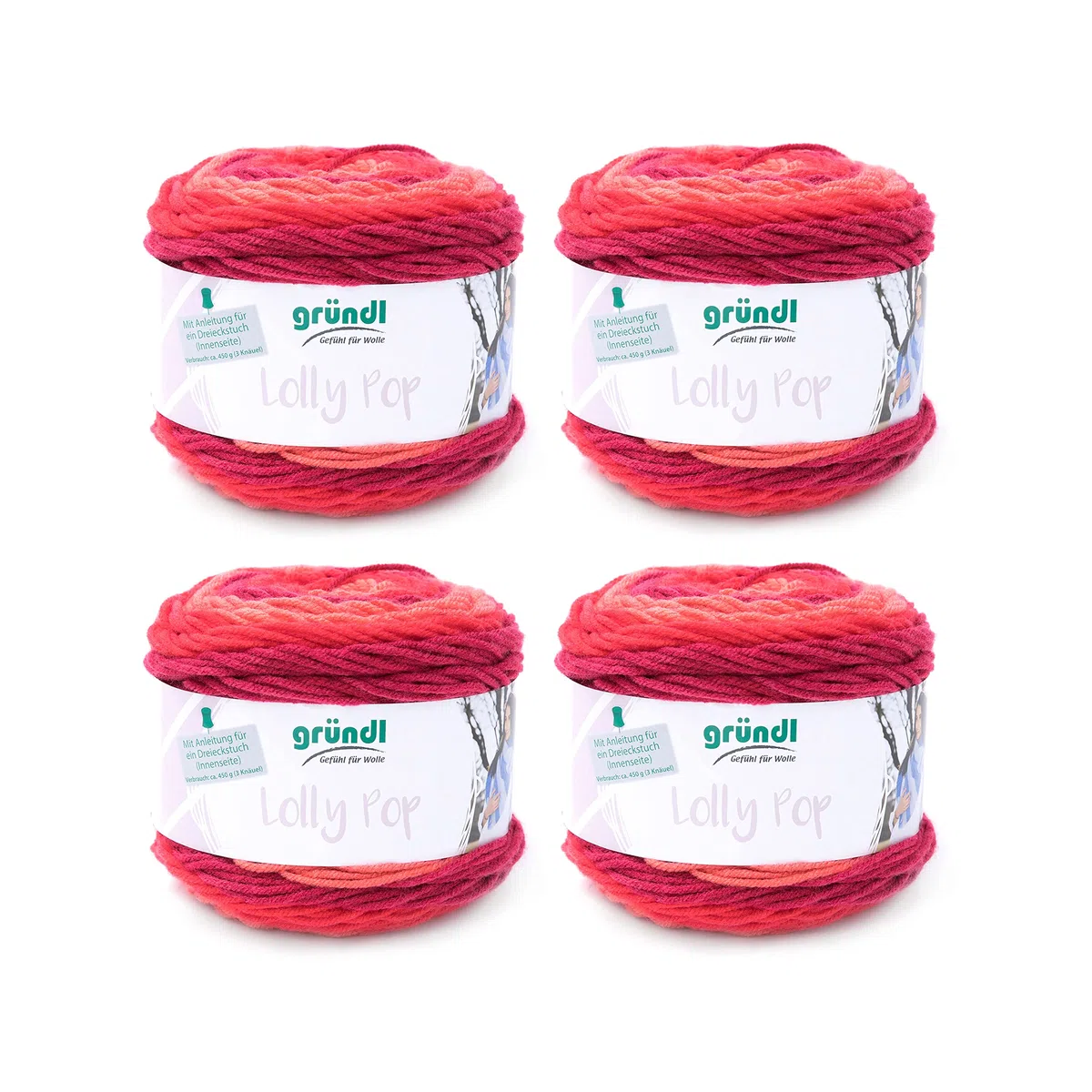 Gründl Lolly Pop Filato per Uncinetto e Maglieria (Filato Universale Simile alla Lana e Lavabile 100% poliacrilico, 150 g / 240 m, Dimensioni dell'ago: 5-6, 4 x 150 g), Wild Cherry Swirl