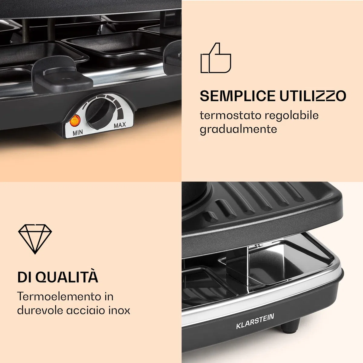 Klarstein 3-in-1 Griglia per Raclette e Set Fonduta Formaggio, Piastra Raclette Formaggio in Pietra Ollare 11W, Piastra Elettrica per Grigliare Carne e Formaggio con Pentole e Forchette per Fonduta