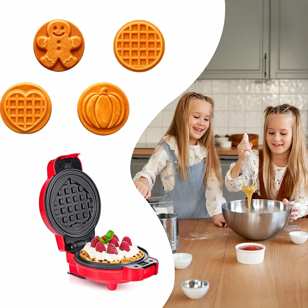 LEHMANN Mini Piastra per Waffle con Piastre Intercambiabili, Forme Zucca, Omino di pan di zenzero, Cuore e Classica, Rivestimento antiaderente – Ideale per le feste dei bambini, Rosso