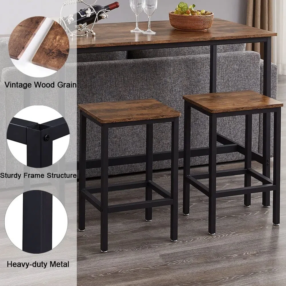 BAKAJI Tavolo Alto con 2 Sgabelli Sedie a Scomparsa per Sala da Pranzo Salotto Cucina Design Moderno Industriale Struttura in Metallo Nero Piano e Seduta in Legno MDF Effetto Abticato Arredamento