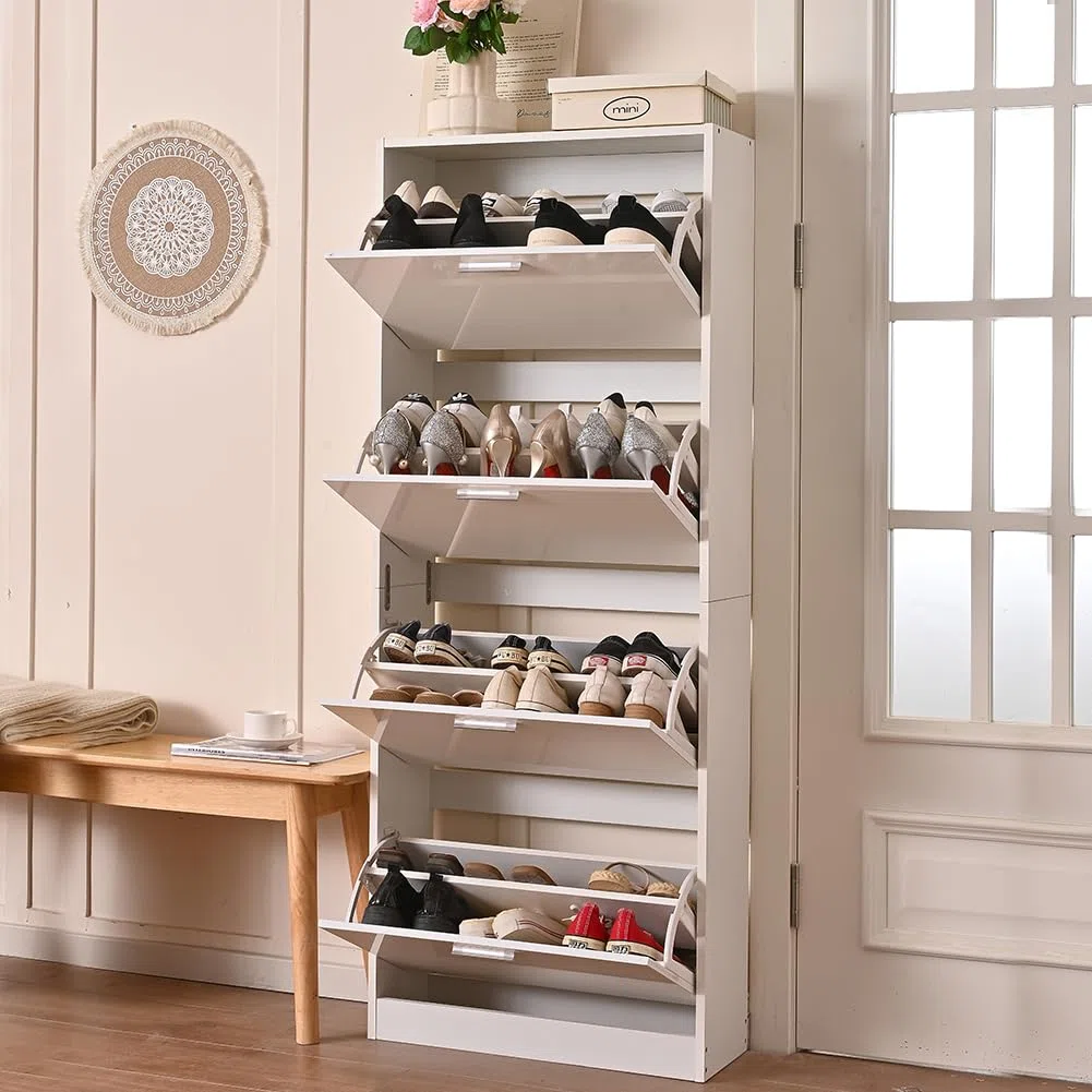 BAKAJI Scarpiera Salvaspazio Slim Portascarpe in Legno MDF con 4 Ante Laccate Lucido a Ribalta e Doppia Profondità 59 x 22 x 169.5 cm Bianco Lucido, 4 Ante