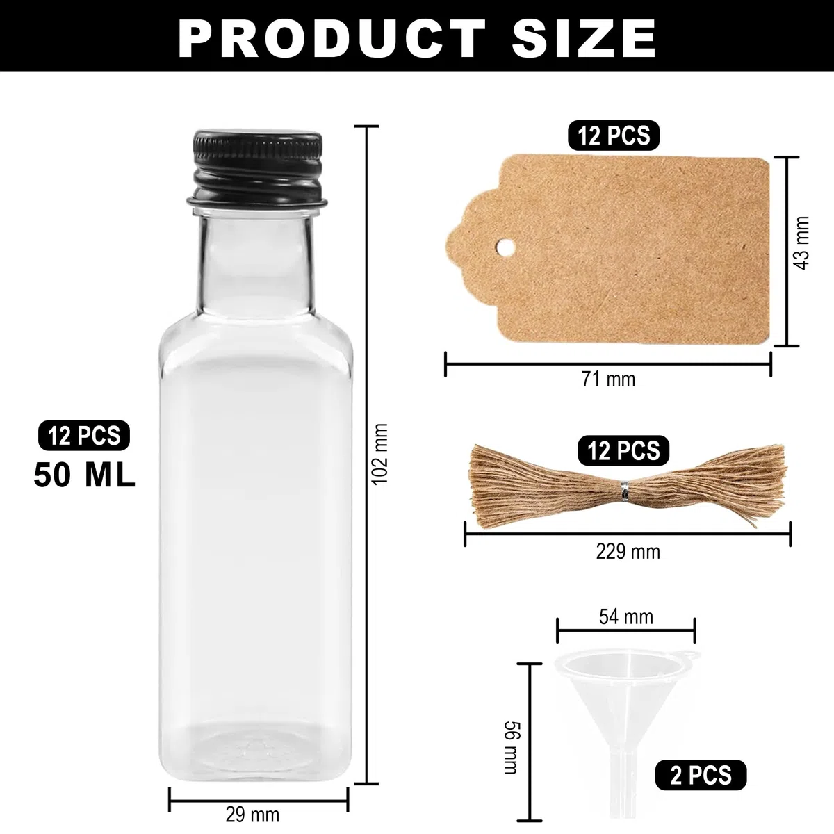 12 Pezzi Piccole Bottiglie da 50ml per riempire, Mini Bottiglie di Liquore con Coperchio e Imbuto Neri, Bottiglie Riutilizzabili per Festa di Nozze (Quadrata)