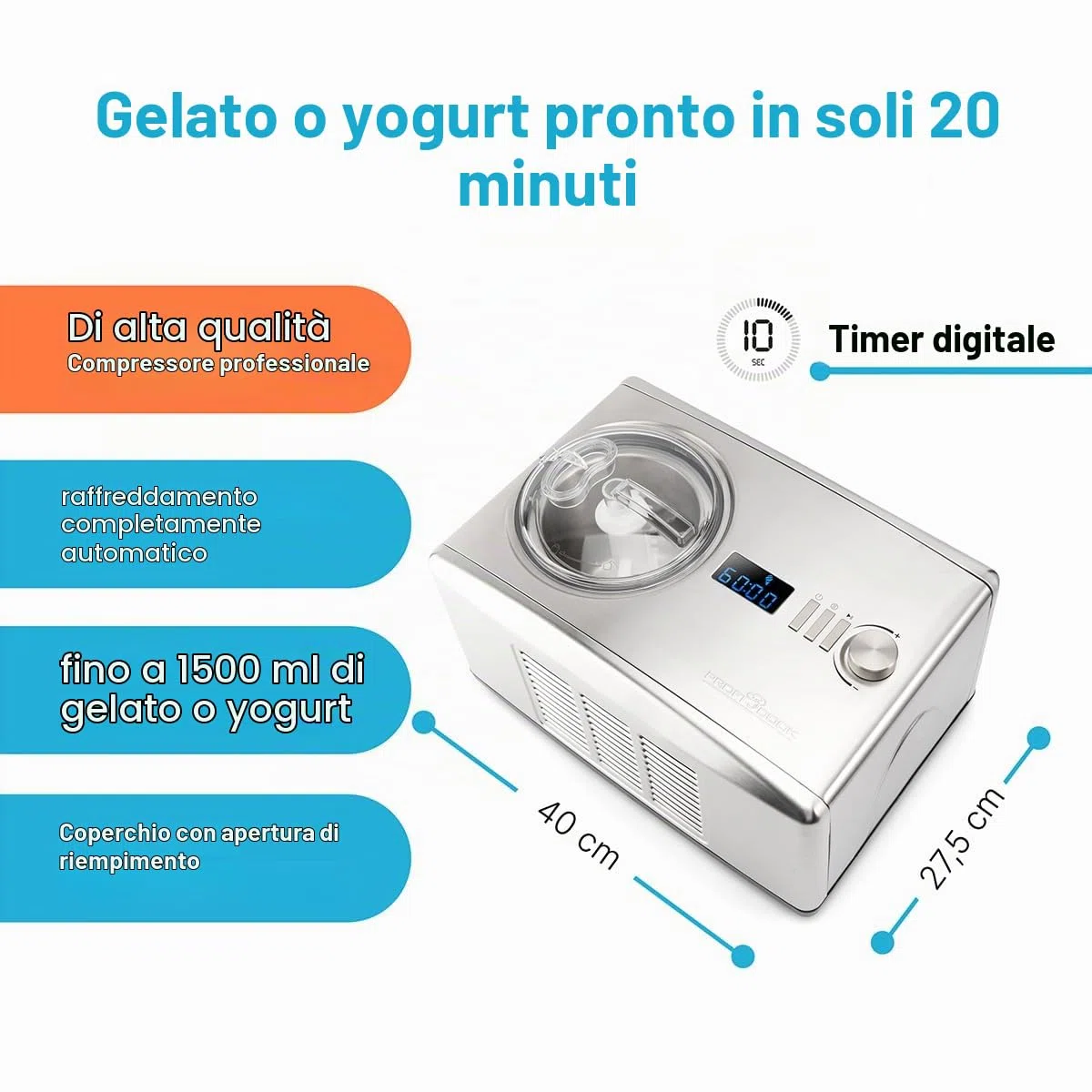 Profi Cook PC-ICM 1091 N - Macchina per gelato e yogurt 2 in 1, per fino a 1500 ml di gelato o yogurt, raffreddamento professionale a compressore, display LCD, alloggiamento in acciaio INOX