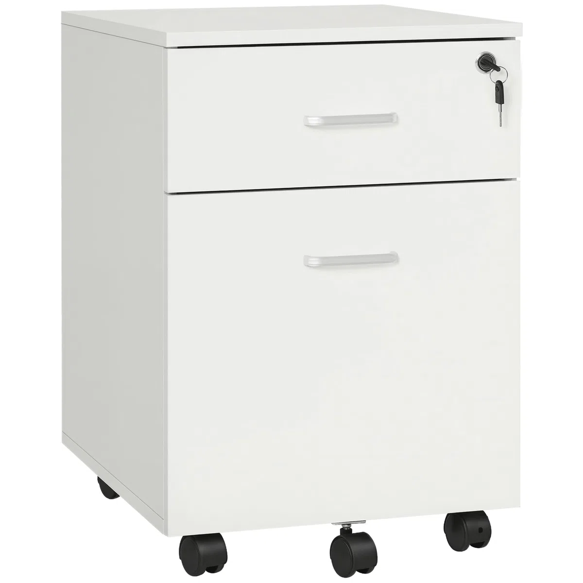 Vinsetto Cassettiera Ufficio con 2 Cassetti e 5 Ruote, Schedario da Ufficio in Legno con Serratura Porta Documenti Cartelle, Ideale per Soggiorno, Studio, 40x49x58 cm, Bianco