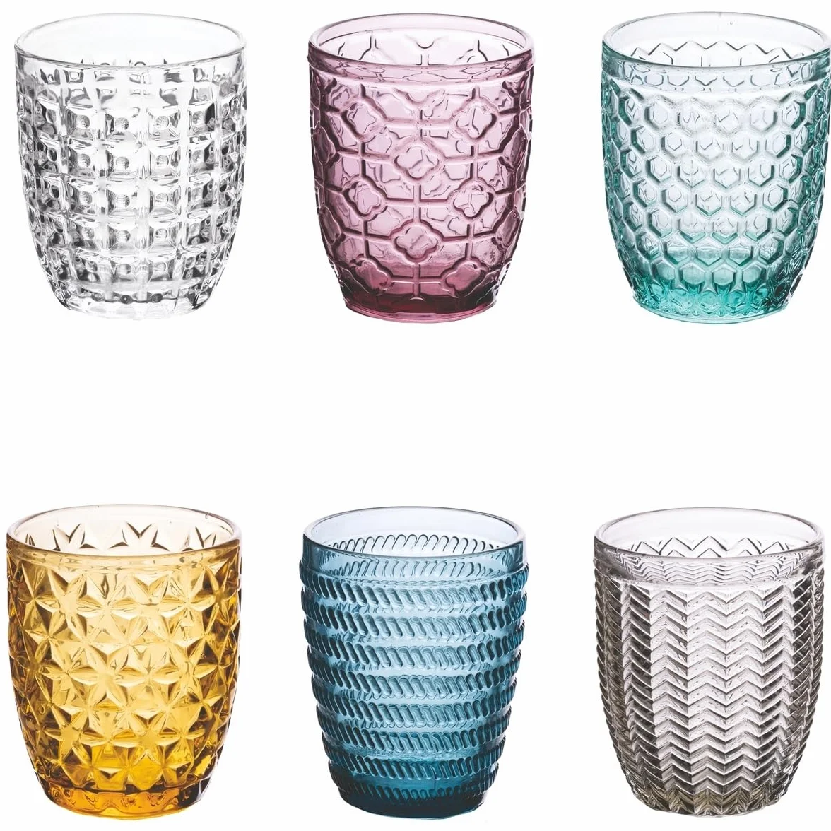 Villa d’Este Home Tivoli Geometrie Set Bicchieri Acqua in Vetro colorato con Lavorazione a Rilievo, 300 ml, Multicolore, 6 unità (Confezione da 1)