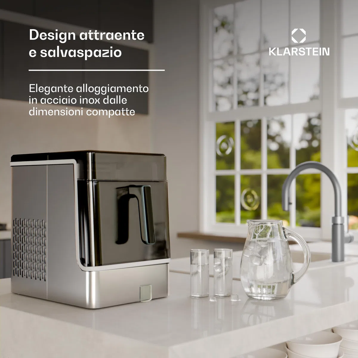Klarstein - Macchina del Ghiaccio, Acciaio Inossidabile, 23kg/24h, 32 Cubetti/17 Min, Pulizia Automatica, Pannello di Controllo, Avviso del Livello Acqua, Design Moderno, Acciaio inossidabile