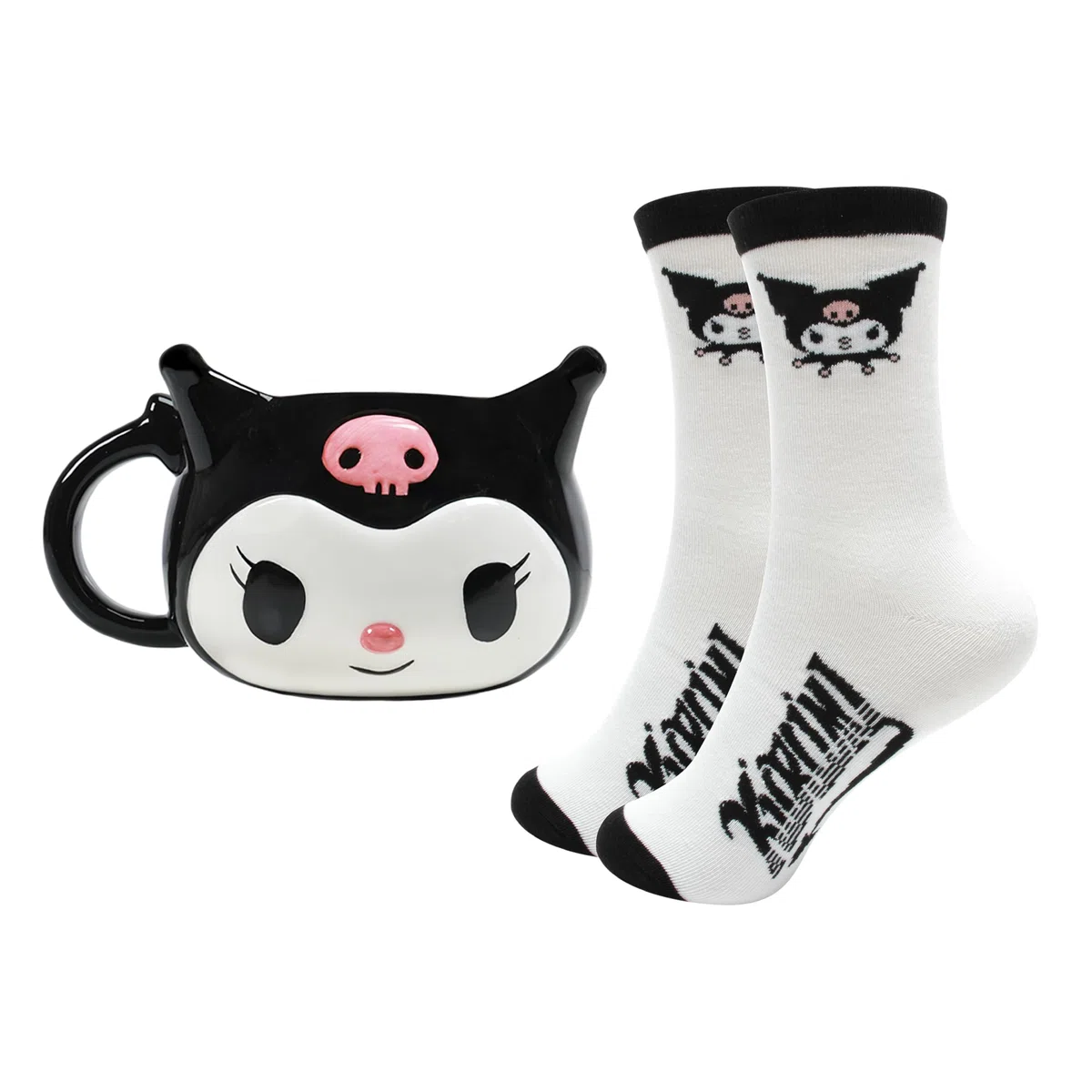 Blue Sky Studios Kuromi - Set di tazze e calzini 3D da 350 ml, in porcellana, misura 4-7, calzini Kawaii, set regalo per ragazze, Hello Kitty e amici