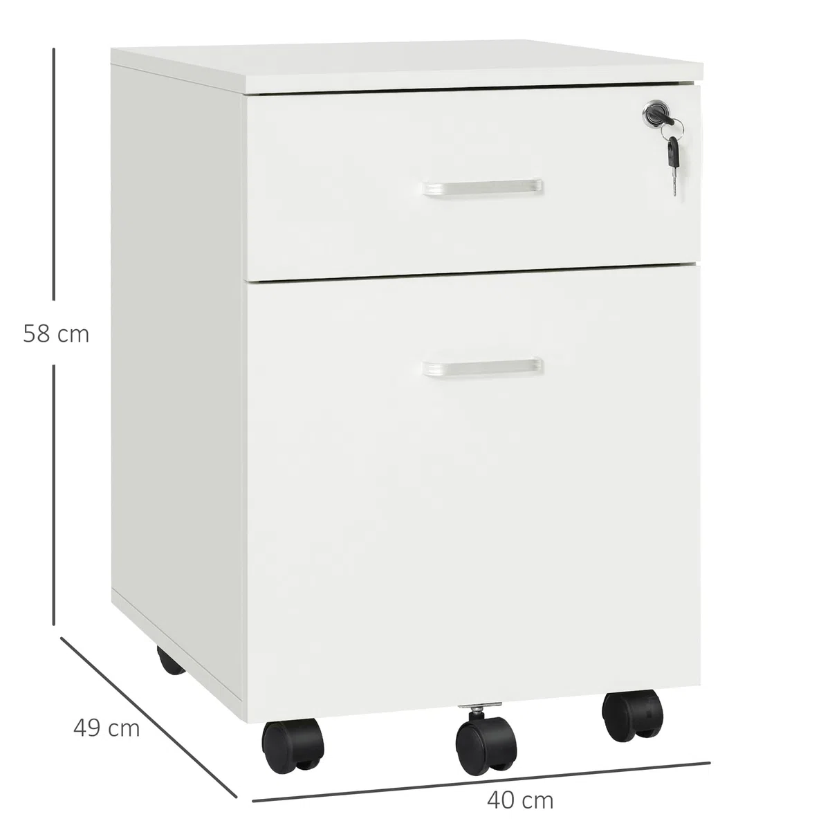 Vinsetto Cassettiera Ufficio con 2 Cassetti e 5 Ruote, Schedario da Ufficio in Legno con Serratura Porta Documenti Cartelle, Ideale per Soggiorno, Studio, 40x49x58 cm, Bianco