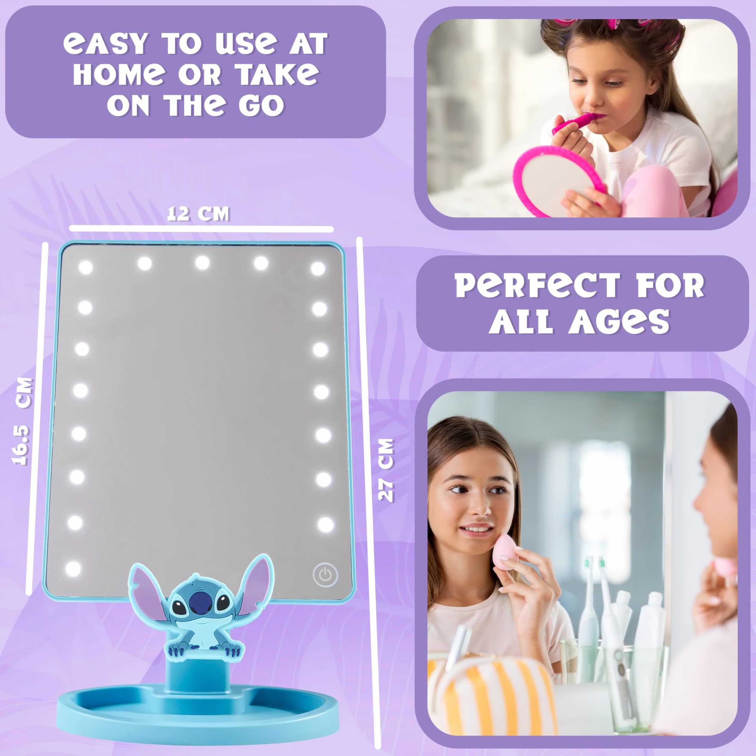 Disney Stitch LED Specchio da Tavolo con Vassoio Portaoggetti - Regalo Donna (Blu)