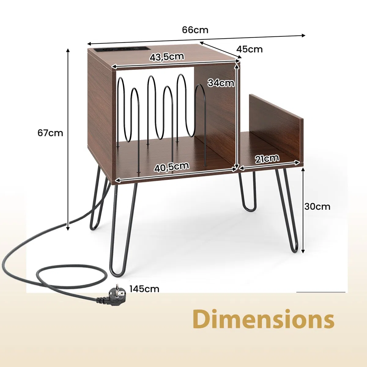 GIANTEX Supporto per giradischi, 66 x 45 x 67 cm, tavolino con stazione di ricarica integrata, mensola in vinile con gambe in metallo, armadio per camera da letto, soggiorno (marrone)