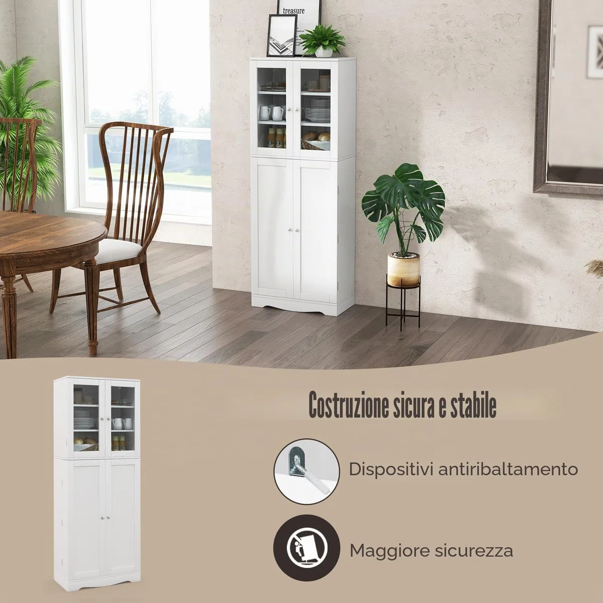 KOMFOTTEU Credenza da Cucina con Anta Multi-Stoccaggio, Mobile Cucina Dispensa con Dispositivo Antiribaltamento, Armadio di Stoccaggio, 60 x 31,5 x 161,5 cm, per Soggiorno, Sala da Pranzo (Bianco)