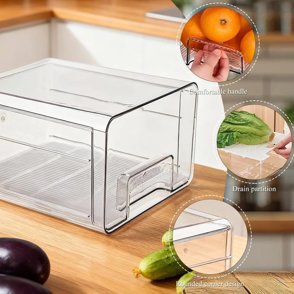 Organizer per frigorifero, cassetto [1 pezzo], estensibile e impilabile, per conservare alimenti, salsicce, contenitori trasparenti per cucina, frigorifero e armadietto