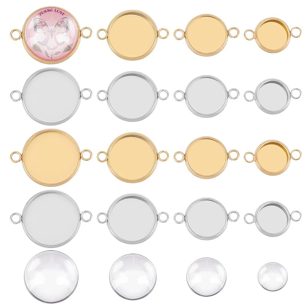 UNICRAFTALE 40 Set 4 Dimensioni 8/10/12/14mm Connettori Cabochon in Acciaio Inossidabile Impostazioni Dorate Acciaio Inossidabile Colore Cabochon Ciondolo Castone Vassoi per Creazione di Gioielli