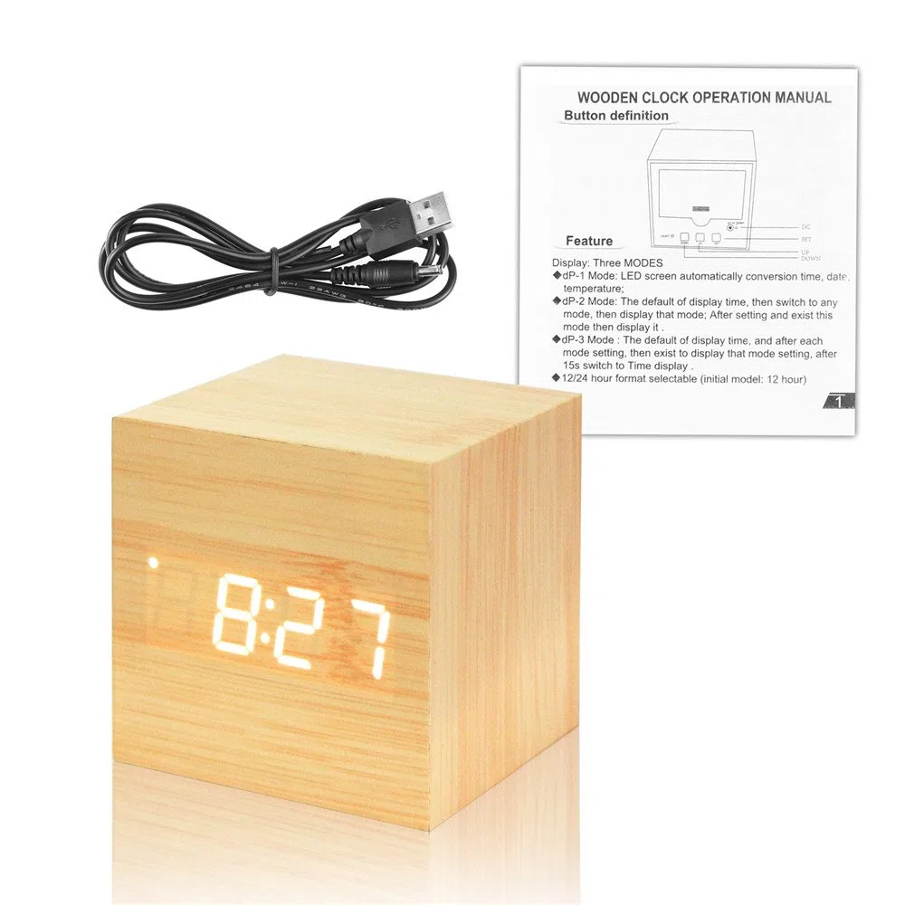 Sveglia In Legno - Cubo Ha Portato L'Orologio Digitale Con Visualizzazione Di Ora Temperatura, 3 Livelli Di Luminosità E Controllo Vocale Ideale Per I Viaggi In Ufficio - AC10Yellow_White