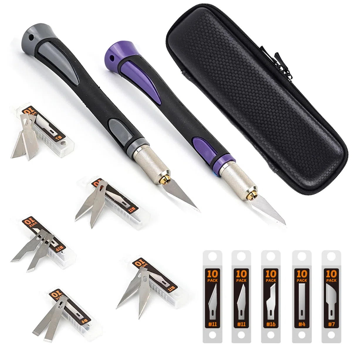 EHDIS Kit di Taglierino di Precision, 2 Taglierini con 5 Diverse Lame di Ricambio (totale 50 pezzi), Bisturi Modellismo di Gomma Antiscivolo, per Lavoro Artistico Taglio, Scultura