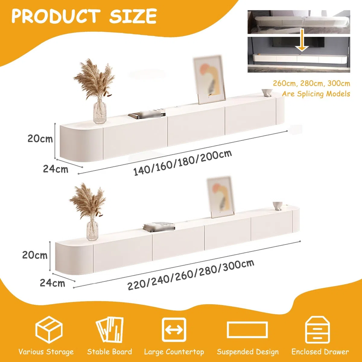 Mobile TV Moderno Sospeso Con Portaoggetti - Console Multimediale Montata A Parete Per Soggiorno E Camera Da Letto - Mobile TV Elegante Con Ripiani Aperti E Scomparti Nascosti(bianca,260cm)