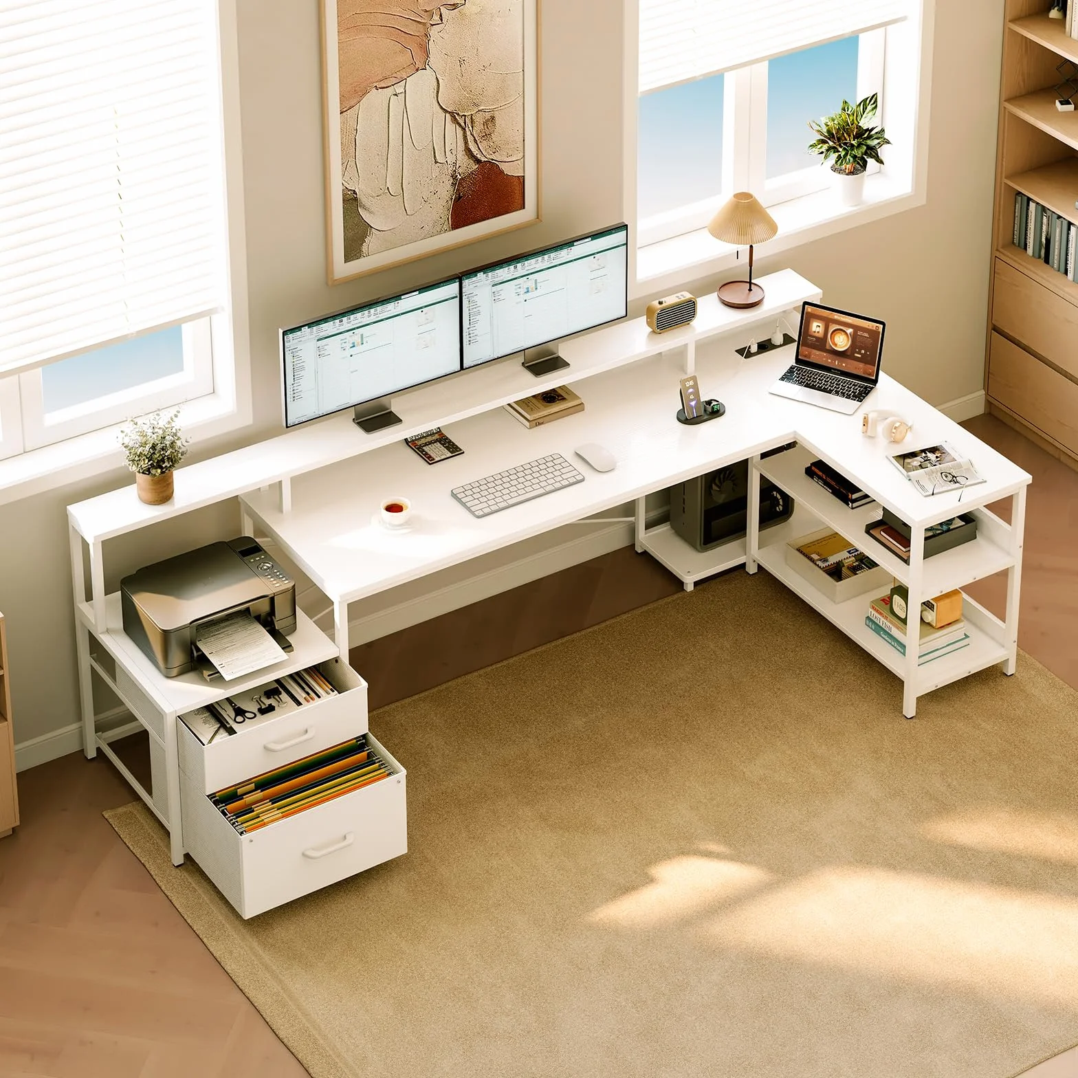 ODK Scrivania con Cassetti, 189.3×100cm Grande Scrivania Angolare Reversibile con 2 Porte di Ricarica USB e 2 Prese di Corrente, Scrivania Gaming per Casa Ufficio, Bianco