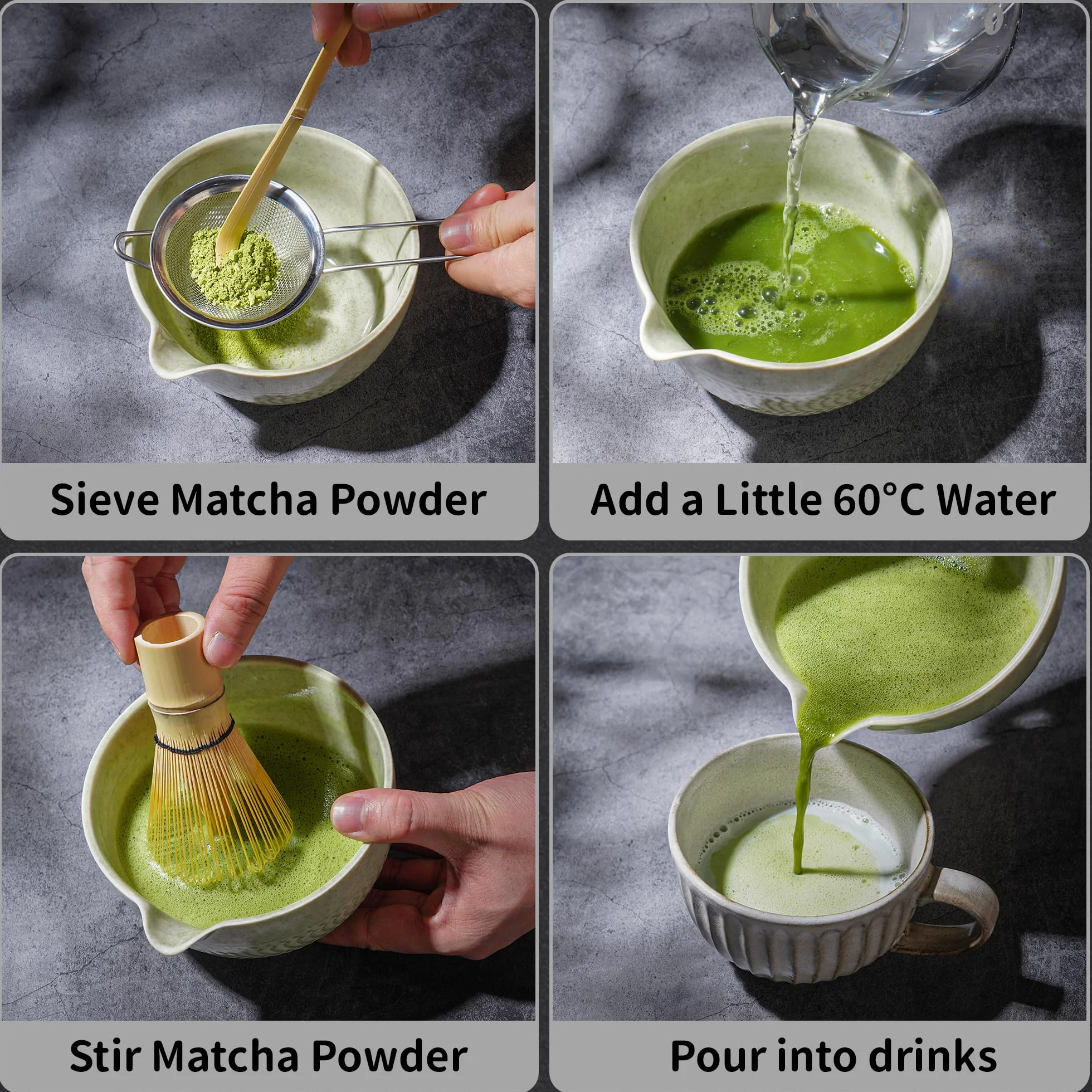Set Matcha - 7 Pezzi Kit Cerimonia Completo con Frusta Matcha in Bambù Cucchiaio, Colino, Ciotola, Strofinaccio, Portacucchiaio e Supporto per Frusta - per Regalo Del Compleanno e Natale