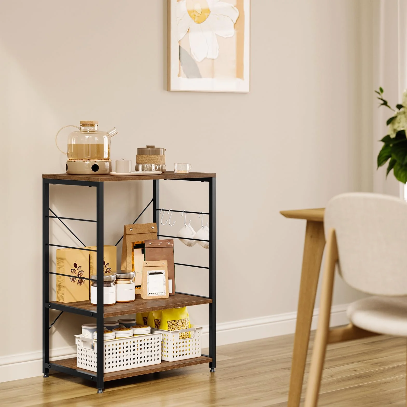 WOLTU Scaffale per Cucina Carrello per Microonde Forno a 3 Ripiani in Metallo e Legno Scaffalature Fioriera Multiuso, Effetto Legno Vintage