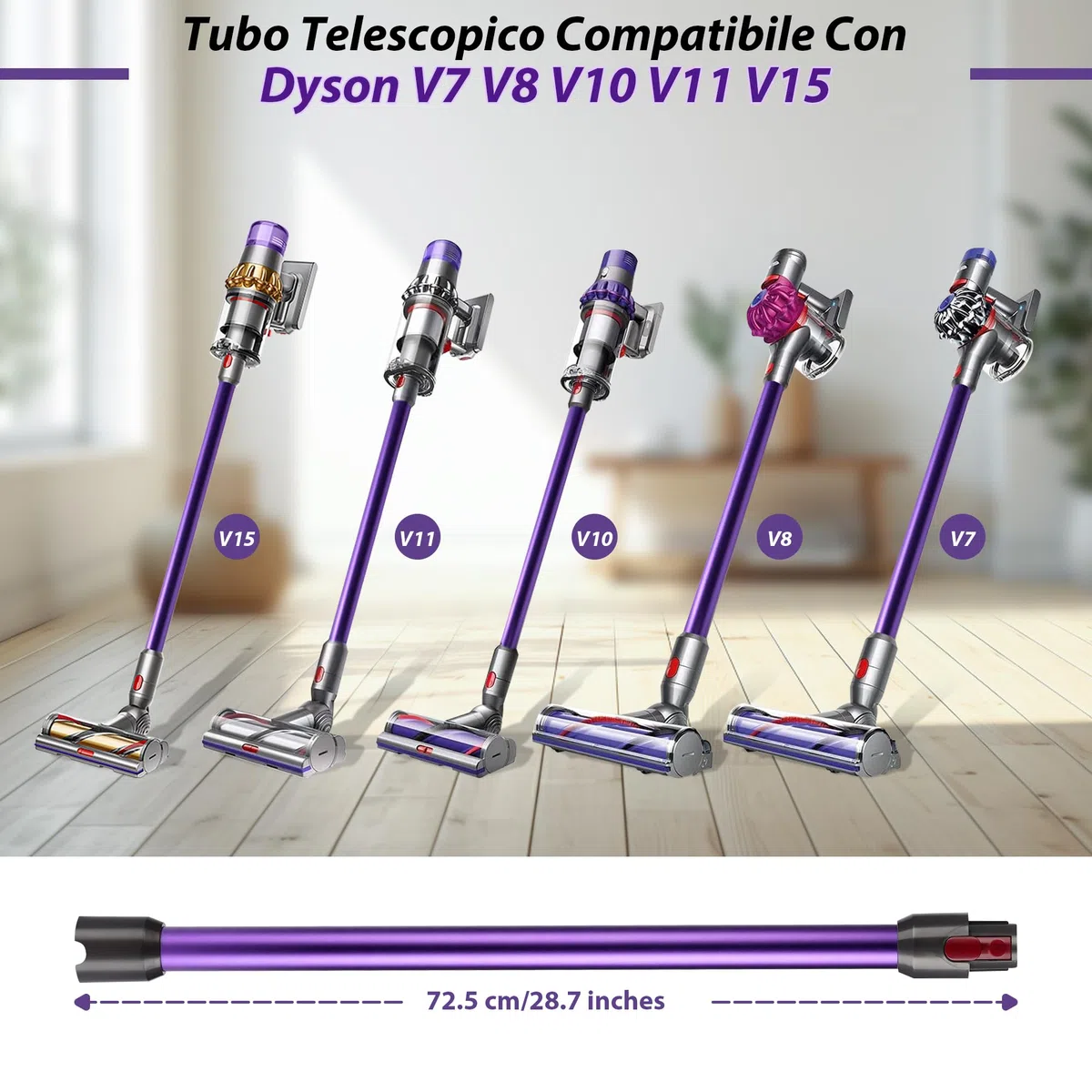 Tubo di Prolunga compatibile con Dyson V7 V8 V10 V11 V15, Tubo Telescopico Rigido, Asta di Estensione con Spazzole 2 in 1, Accessorio Aspirapolvere, Viola