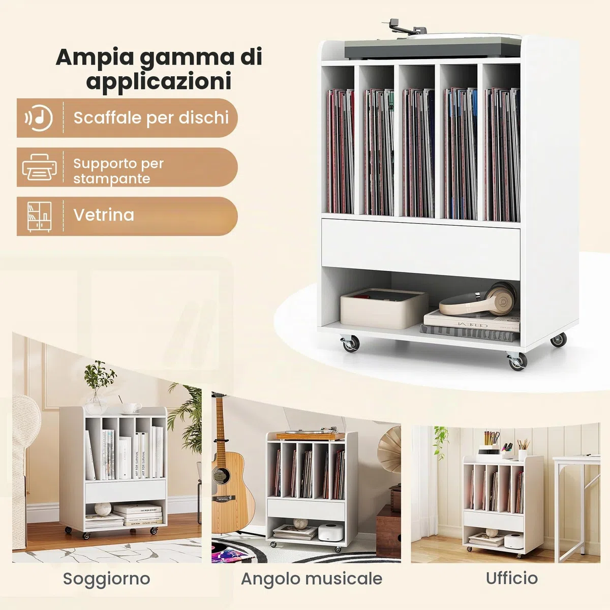 KOMFOTTEU Supporto per Giradischi in Vinile Fino a 180 Album, Mobile Giradischi con Ruote, Mobiletto Portaoggetti con Scomparti Aperti, Cassetto e Ganci per Ufficio, Soggiorno, Studio (Bianco)