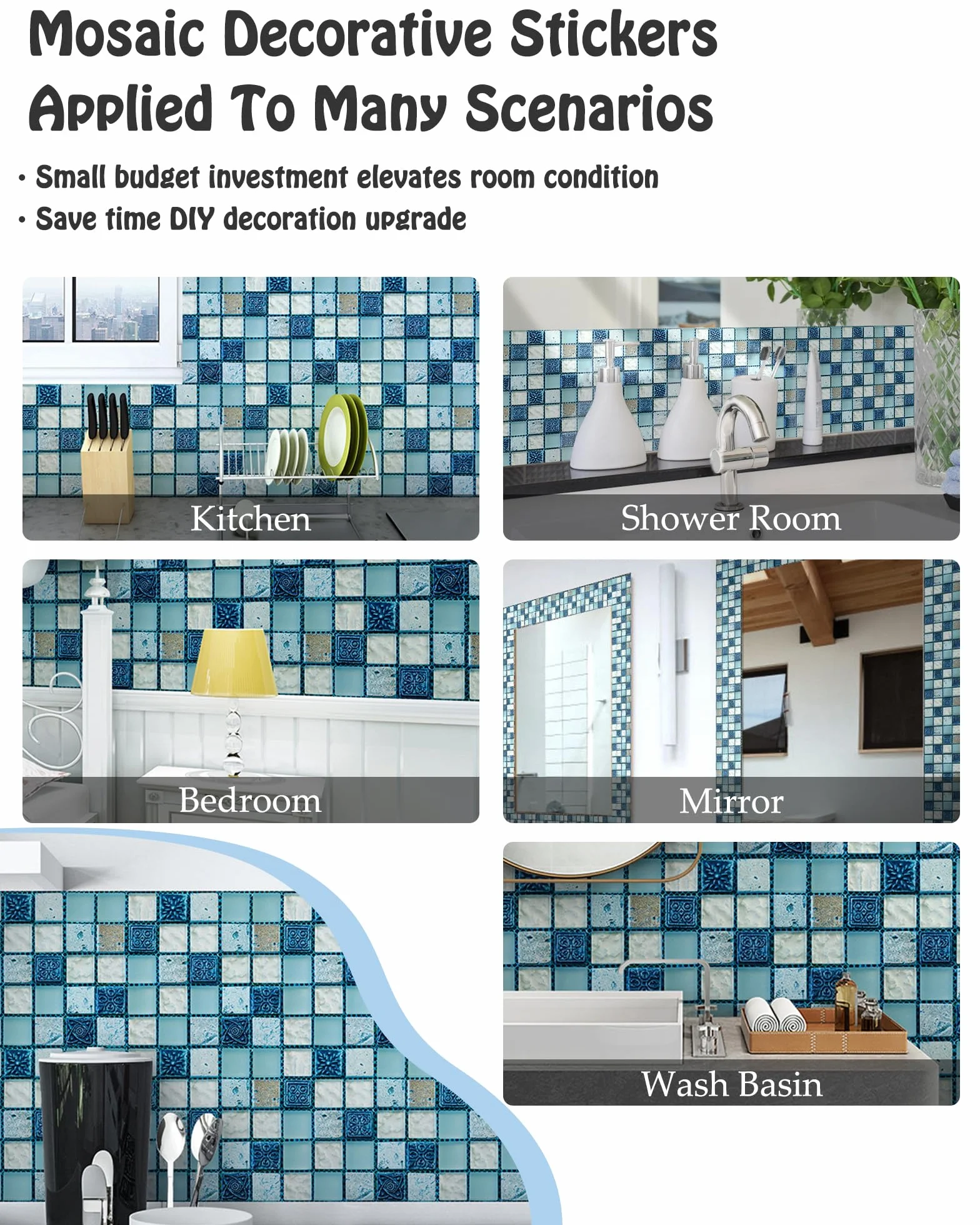 40PCS Adesivi per Piastrelle, Mosaico Piastrelle Adesivi Parete PVC Autoadesivo Impermeabile Sticker Decorazione Murale per Cucina Bagno, Cielo Blu (10x10 Cm / 4x4 Pollici)