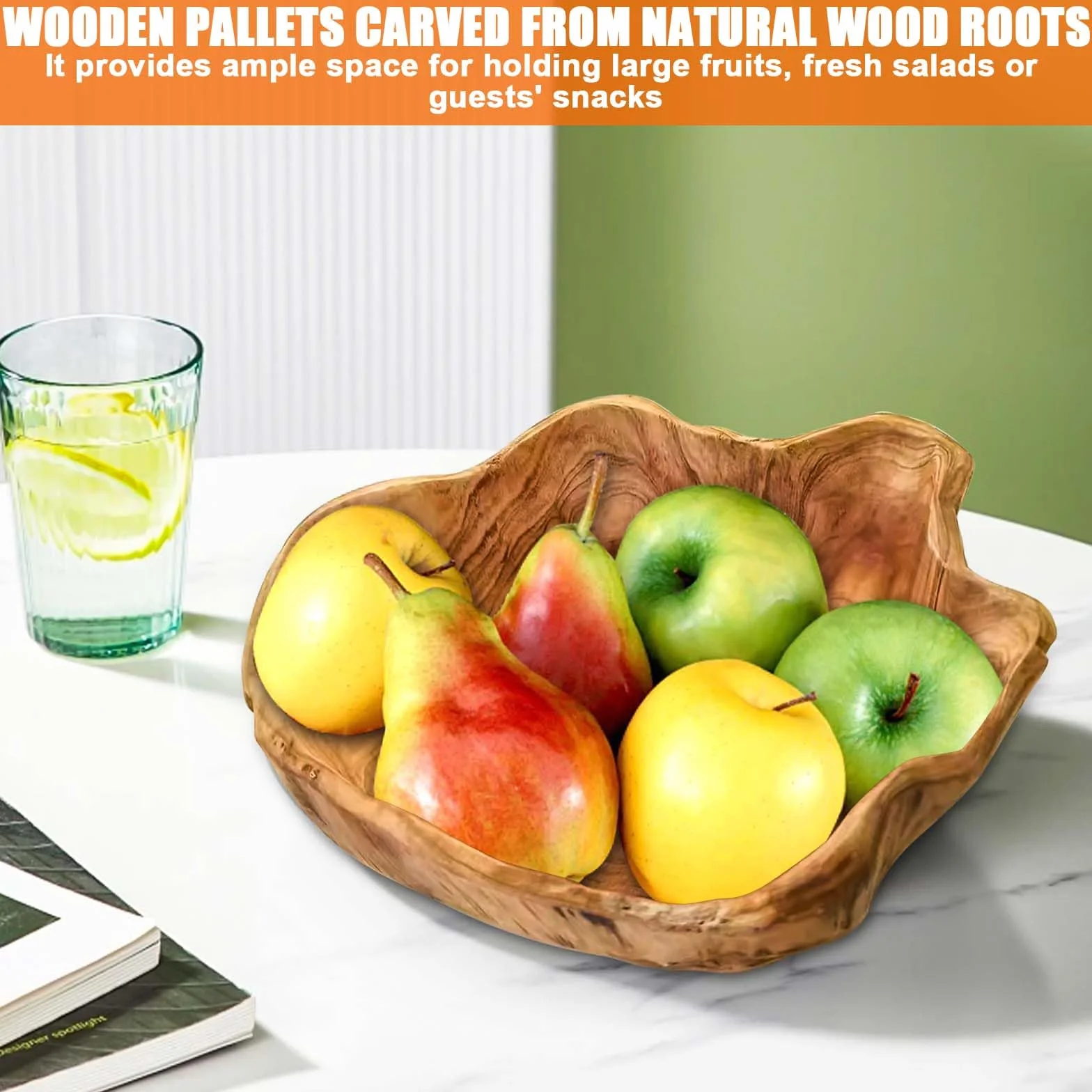 Leikurvo Ciotola per frutta in legno naturale, decorativa, fatta a mano, in legno, per insalate, snack, frutta, chiavi (20-24 cm)