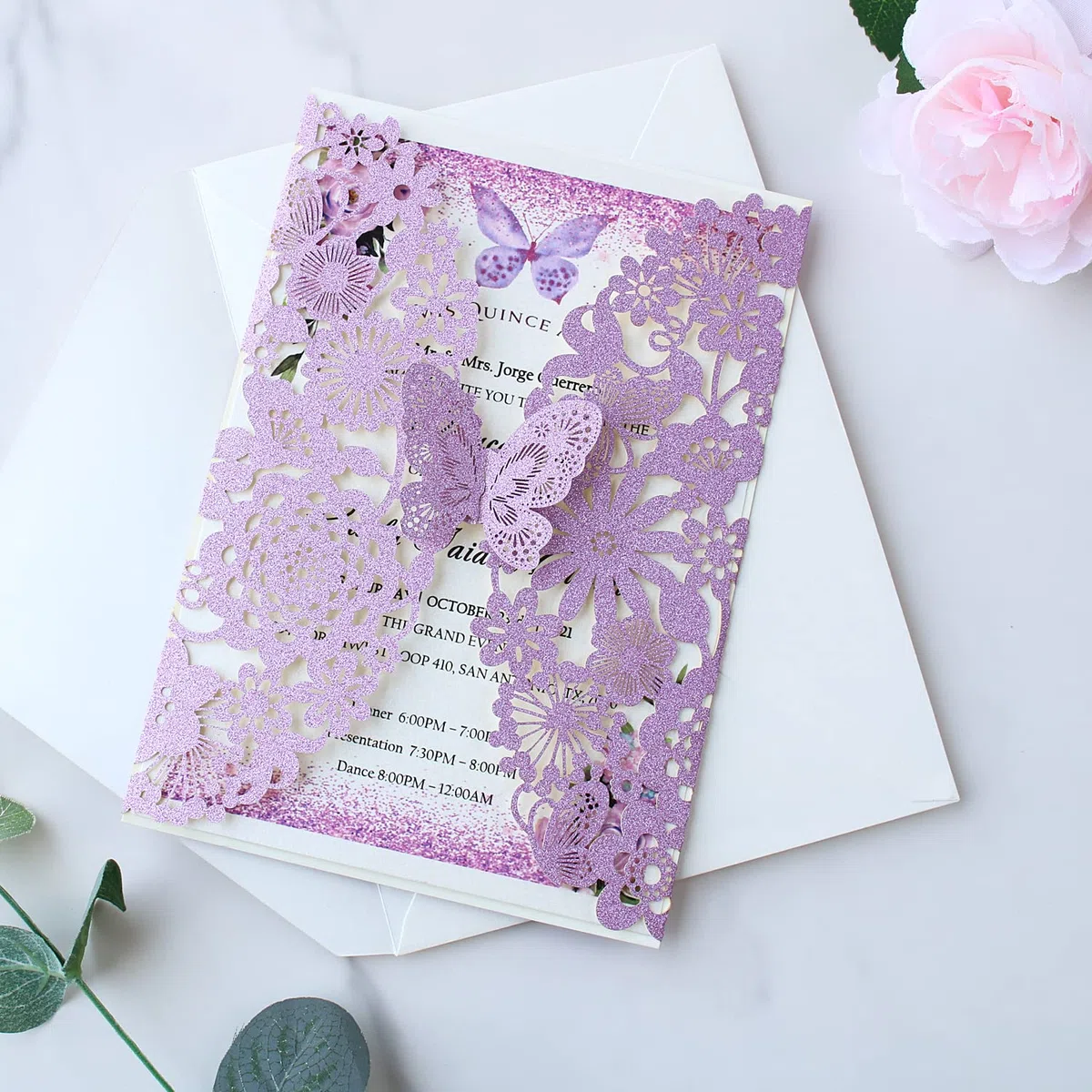 Hosmsua 20x Viola Biglietti Di Invito Per Matrimonio e buste, Taglio Laser con Farfalla Inviti per Compleanno, Matrimonio, Fidanzamento, Inviti di Nozze (20 pezzi)