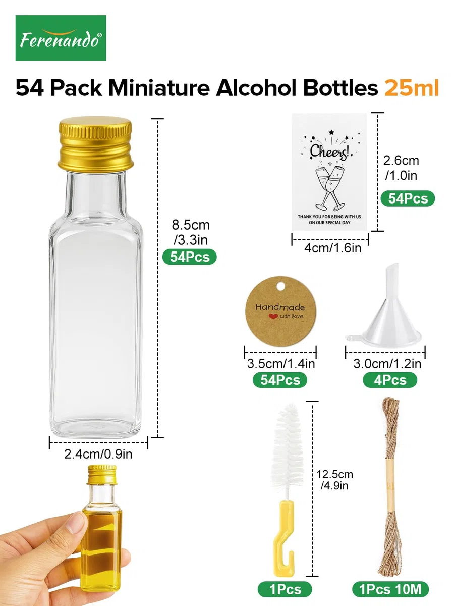54 Pezzi Mini Bottiglie per Liquore 25ml, Mini Bottiglie Alcolici di Plastica Riutilizzabili, Bottigliette Liquore Mignon Vuote con Tappi a Vite, Etichette e Funnel per Matrimoni Feste