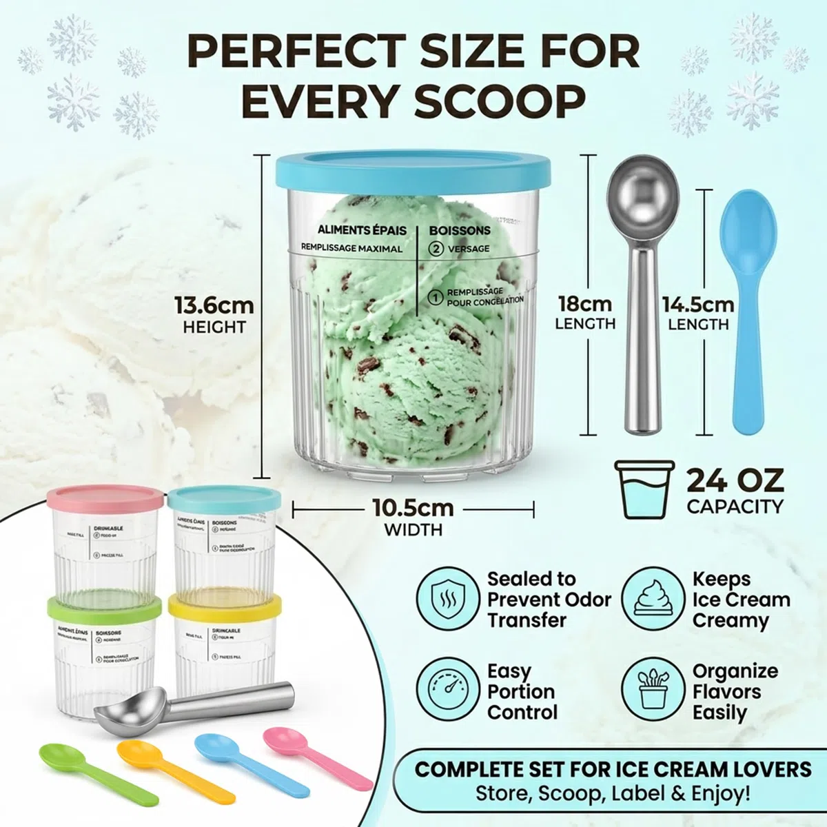 Set di 4 contenitori per ninja CREAMi Deluxe, 24oz Ice Cream Pints con coperchi colorati, inclusi 4 mini cucchiai e porzionatori per gelato in acciaio inox, senza BPA, lavabili in lavastoviglie