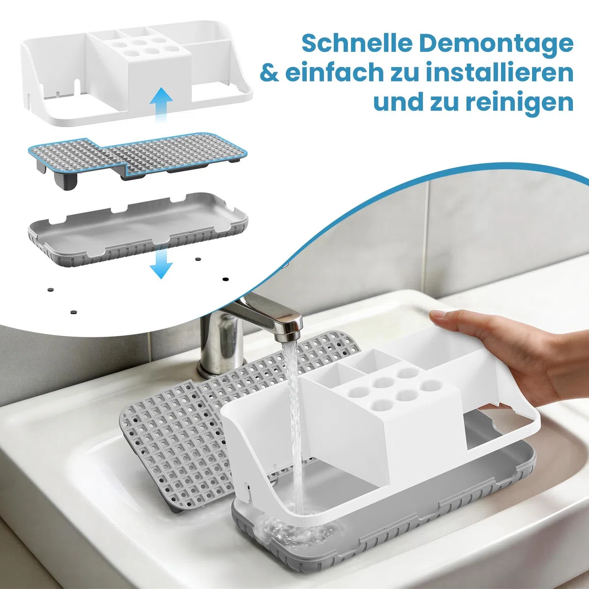 Grande Porta Spazzolino con Passacavi Nascosto e Scarico, Organizer da Bagno Rimovibile con 11 Scompartimenti per Spazzolini Elettrici, Testine di Spazzolino, Dentifricio e Irrigatore Orale
