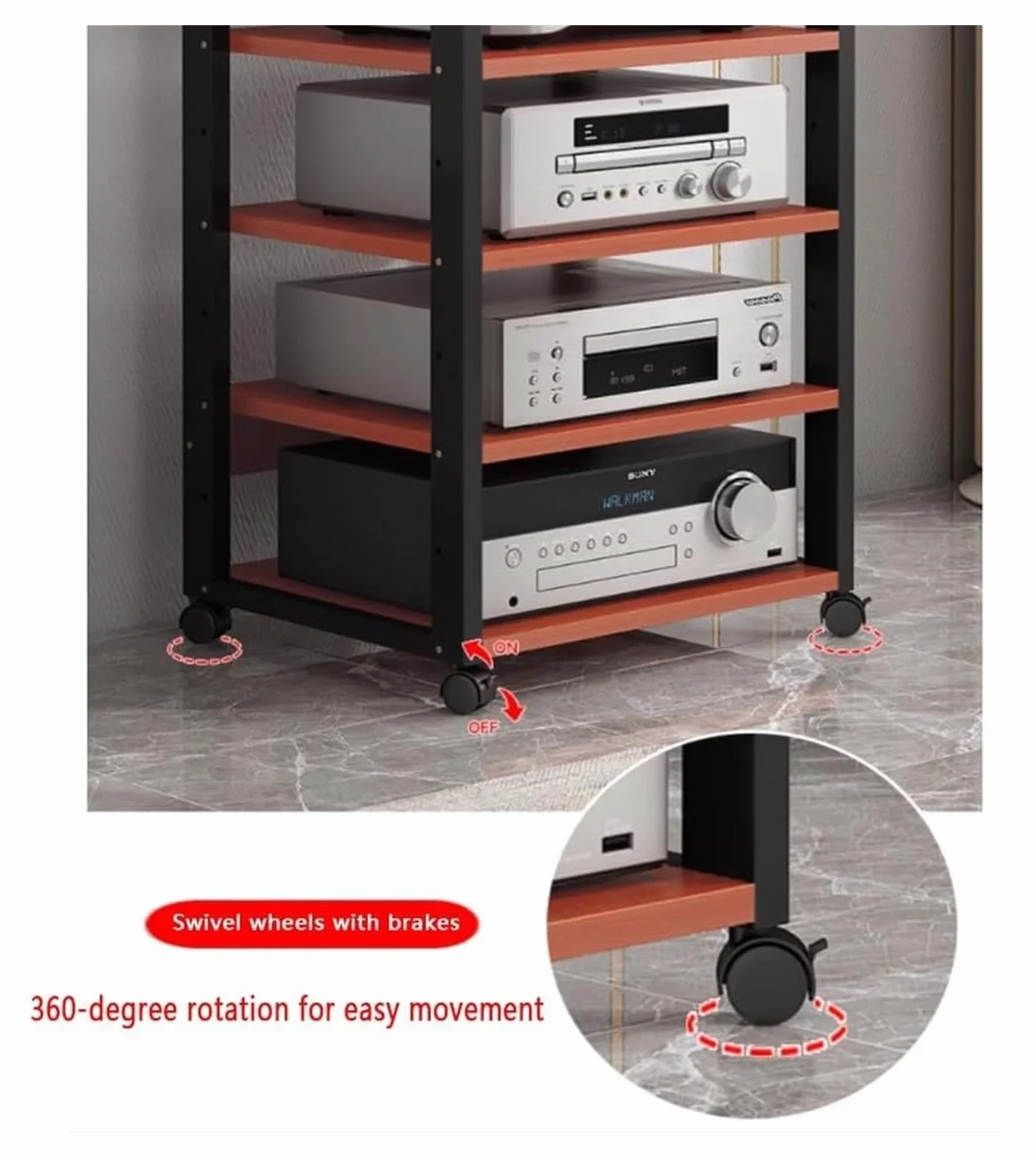 Mensola AV HiFi regolabile a 7 livelli, supporto multimediale video con ruote universali, rack audio mobile for soggiorno, camera da letto, studio(Nero)