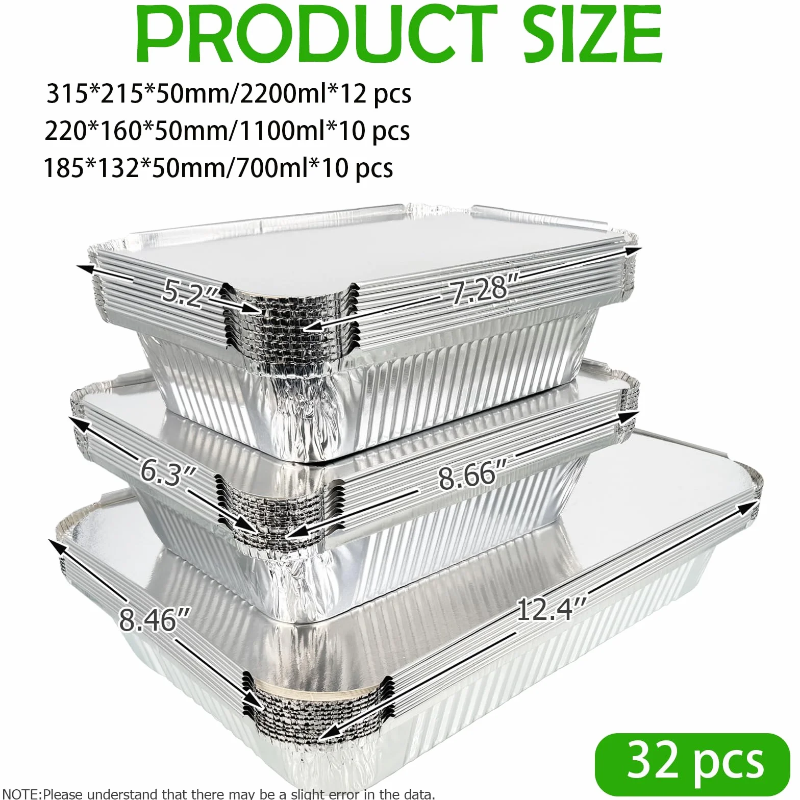 32 pezzi Vaschette Alluminio,Teglie Alluminio Usa e Getta da 2200ml/1100ml/700ml,Vaschette Alluminio con Coperchio,Per grigliare in alluminio per cucinare, arrostire, cuocere.