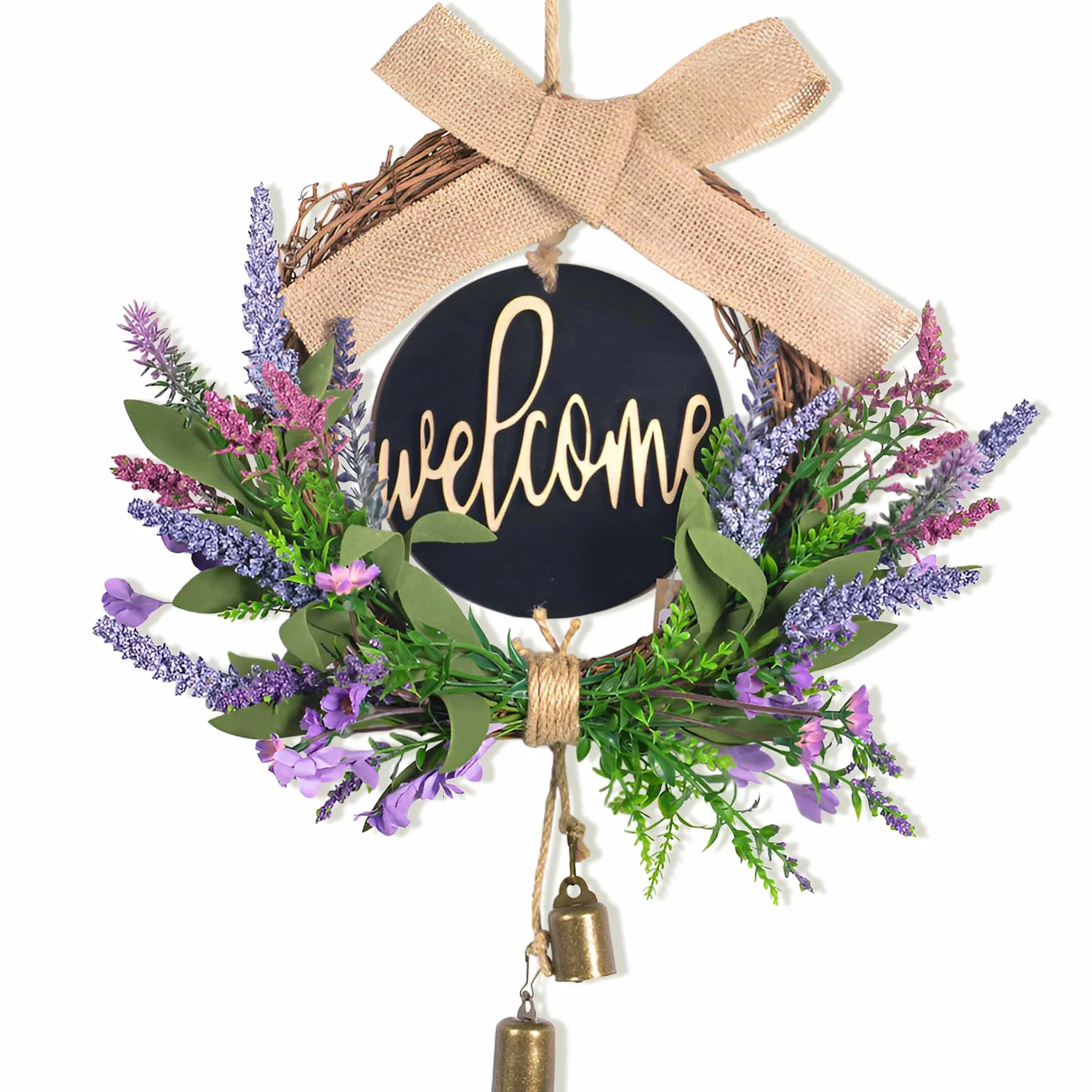 Ghirlanda Porta Ingresso 40cm Lavanda Ghirlanda Primaverile con Cartello di Registro "welcome" Decorazione Porta Ingresso con Archi e Campanelli Decorazioni Primavera Estate per Porte Finestre