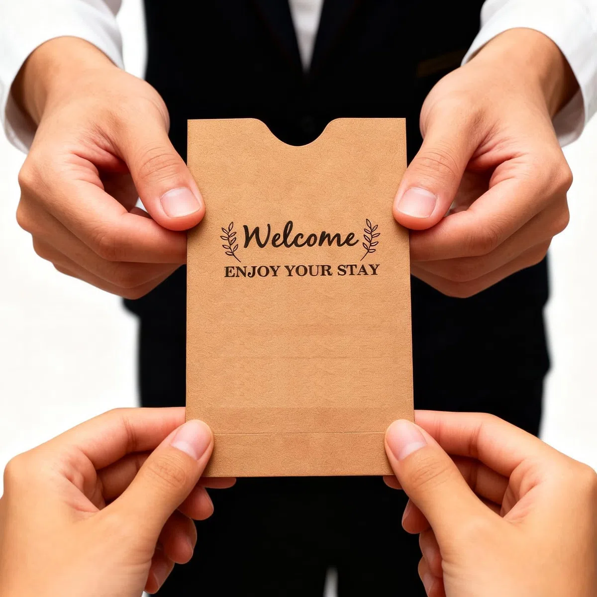 Custodia per chiavi da hotel in carta kraft, buste per tessere chiave dell'hotel di benvenuto, buste per tessere chiave dell'hotel, protezioni per carte di credito, copertine per carte regalo, goditi