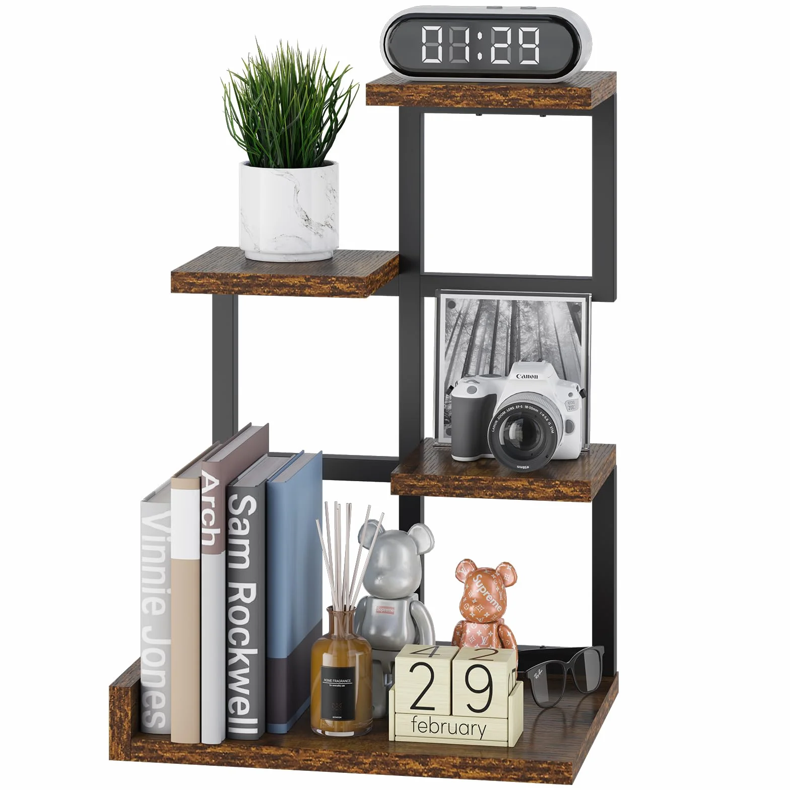 YMYNY Mensola da Tavolo in Legno, 4 Tier Storage Display Rack, Mensola Organizzatore Piccolo Libreria con telaio in Metallo per, Libri, Piante, 31 x 24 x 44.5cm, Marrone Rustico HSR007H