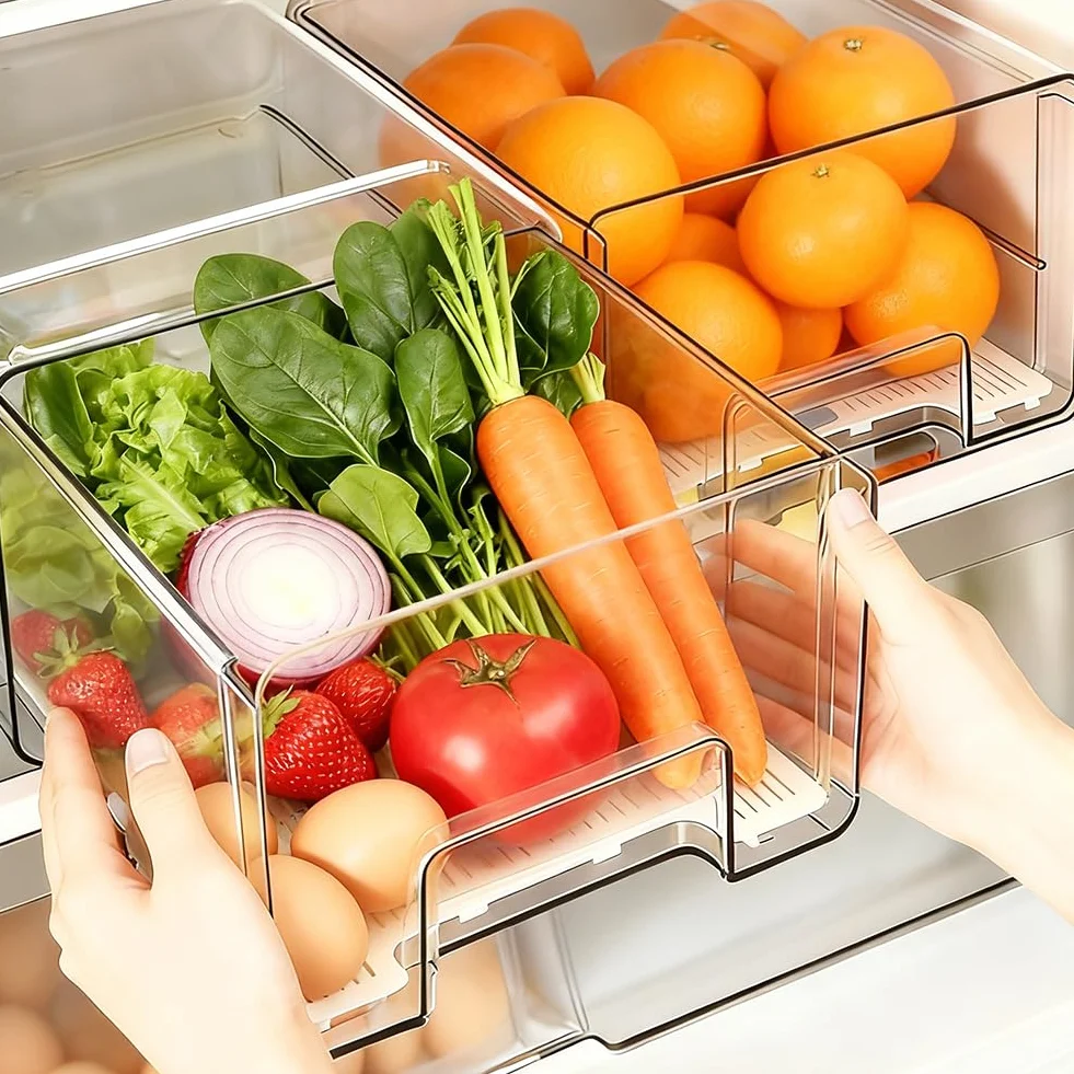 Organizer per frigorifero, cassetto [1 pezzo], estensibile e impilabile, per conservare alimenti, salsicce, contenitori trasparenti per cucina, frigorifero e armadietto