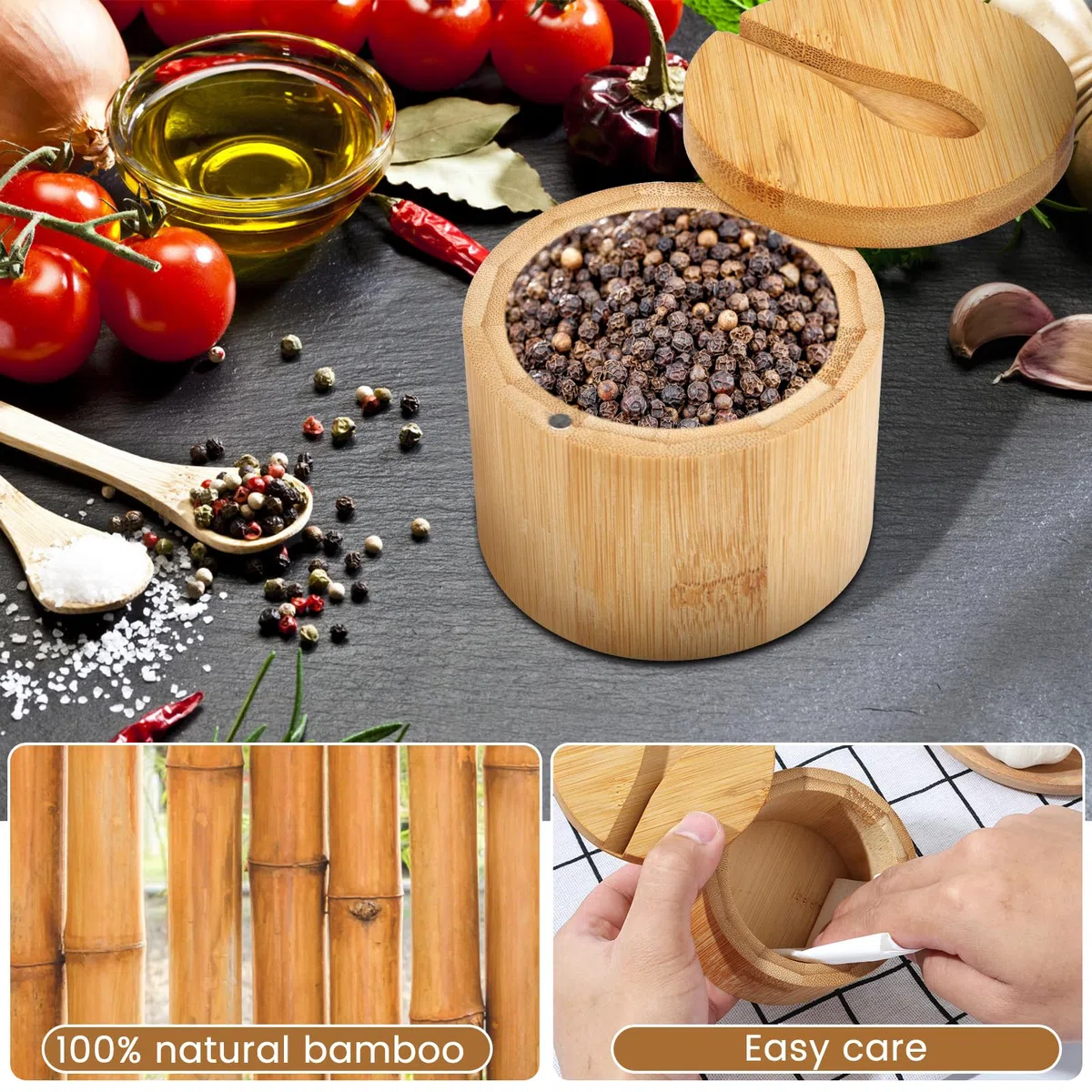 2 ciotole per sale e pepe, in legno, rotonde, con coperchio girevole magnetico e cucchiaio, contenitore per sale e condimenti, per sale, pepe, spezie e zucchero