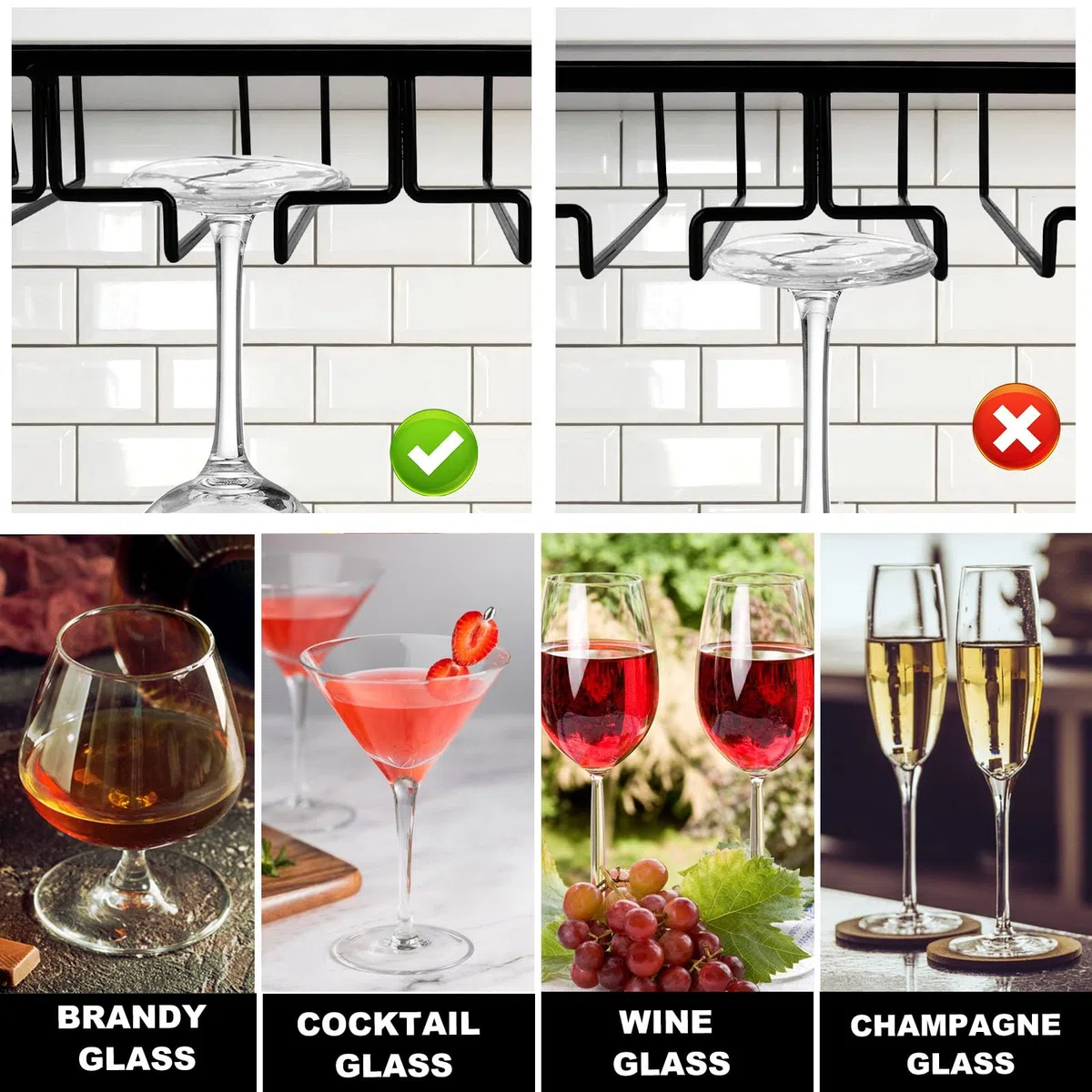 MXTIMWAN 4 Binari Porta Bicchiere da Vino Sospeso, 2 Pezzi Scolabicchieri Portabicchieri, Porta Calici Sotto Armadio, per Bar Ristorante Cucina