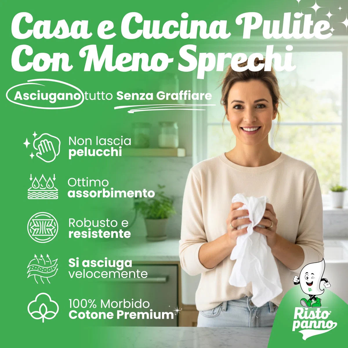 Ristopanno Home – Panni Multiuso - Stracci Bianchi Cotone 2 KG - Non Lascia Aloni - Uso Quotidiano per Casa, Auto, Moto e Garage - Lavabili Flessibili e Resistenti – Massima Assorbenza
