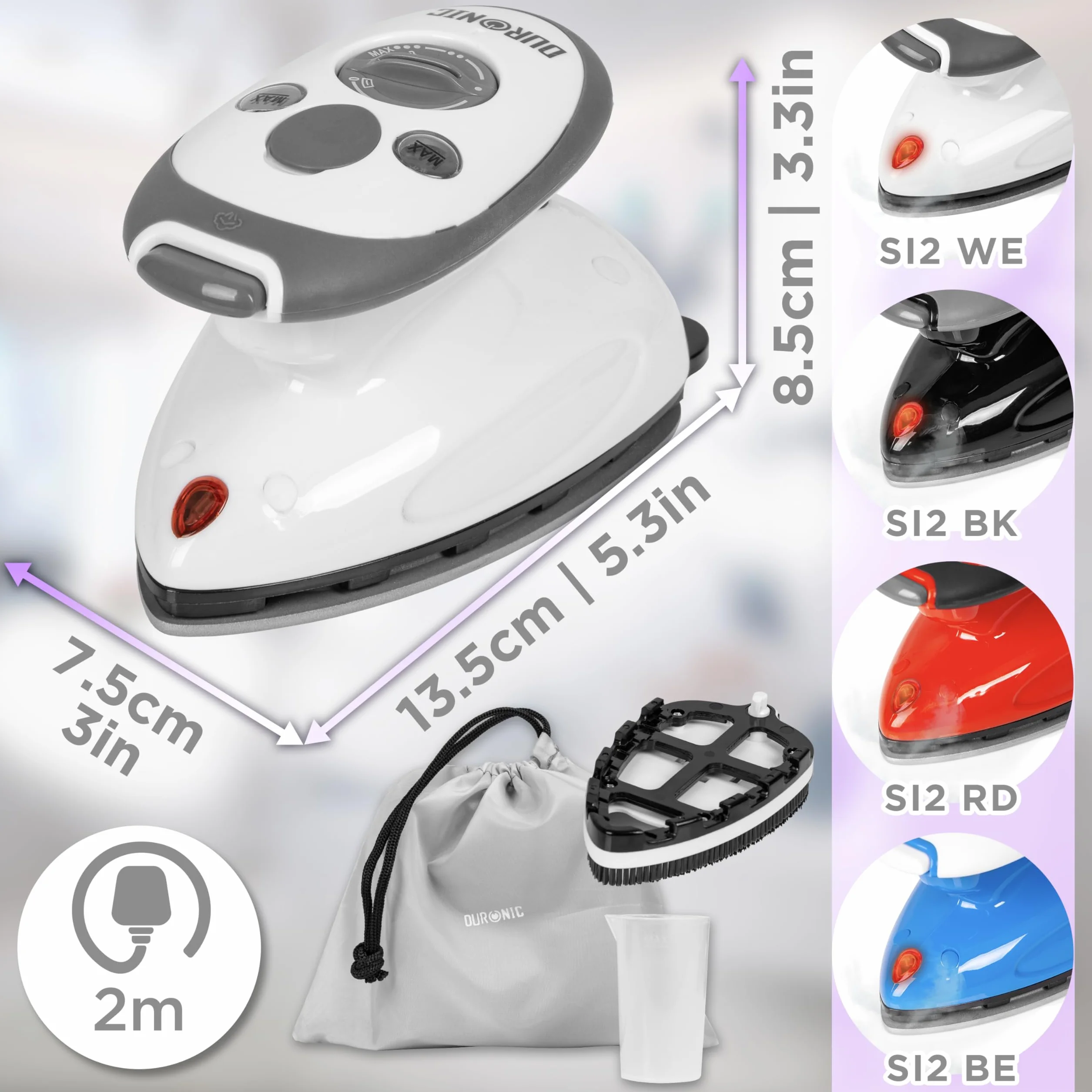 Duronic SI2 WE Mini Ferro da Stiro, Ferro da viaggio a vapore 375 W, Serbatoio 50ml, Steamer portatile con spazzola e borsello da viaggio, Ferro a vapore per lavori di cucito, quilting, Bianco