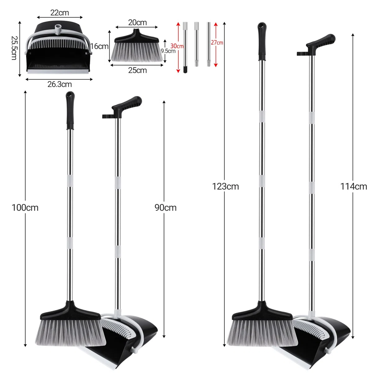 Scopa alta con Manico Estendibile a 123 cm – Set Scopa e Paletta,Kit Pulizie Leggero per Interni/Esterni,Cucina,Garage – scopa e paletta salvaspazio,con Design Moderno in Nero e grigio